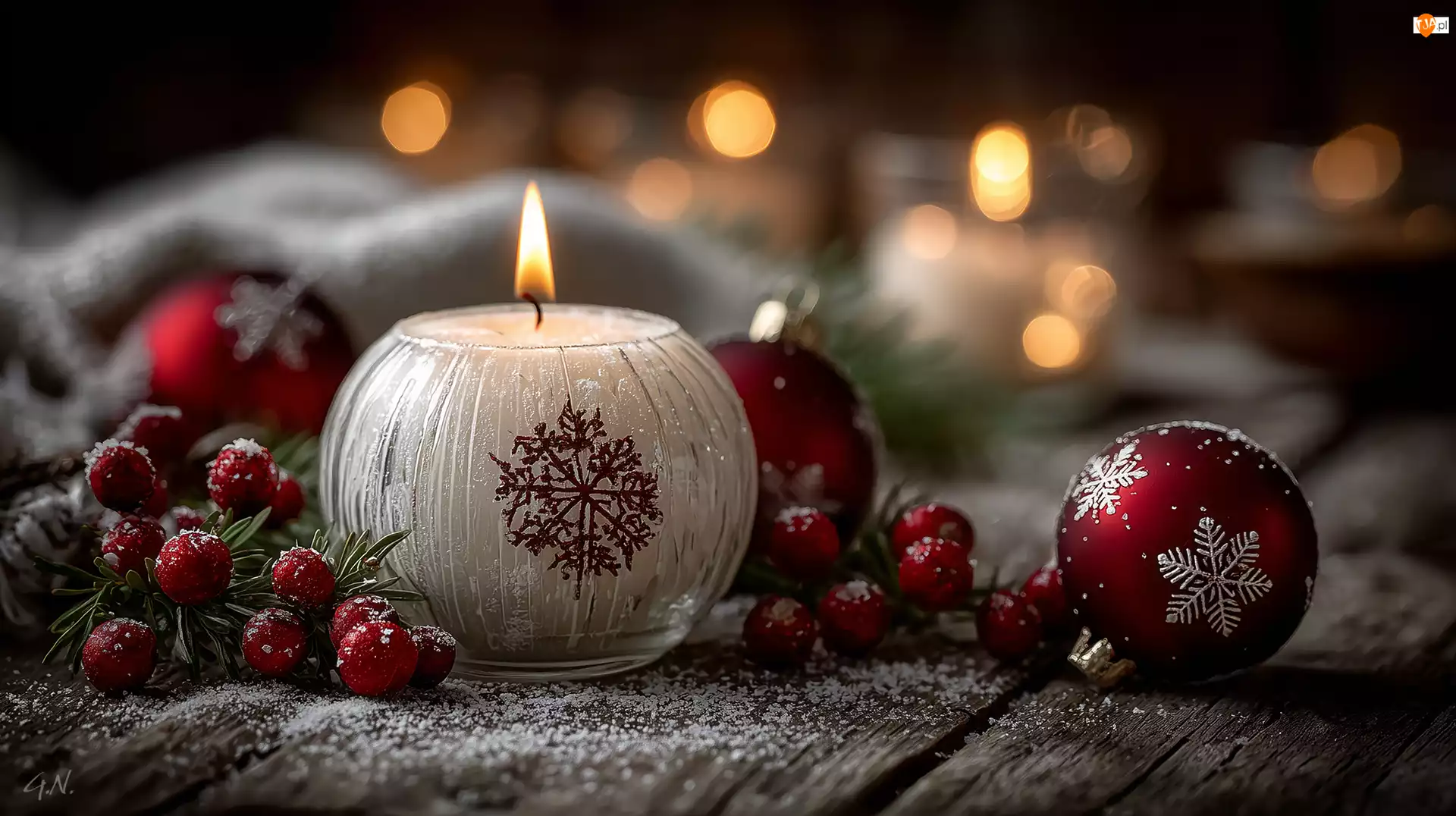 Biała, Boże Narodzenie, Czerwone, Grafika AI, Świeca, Bombki