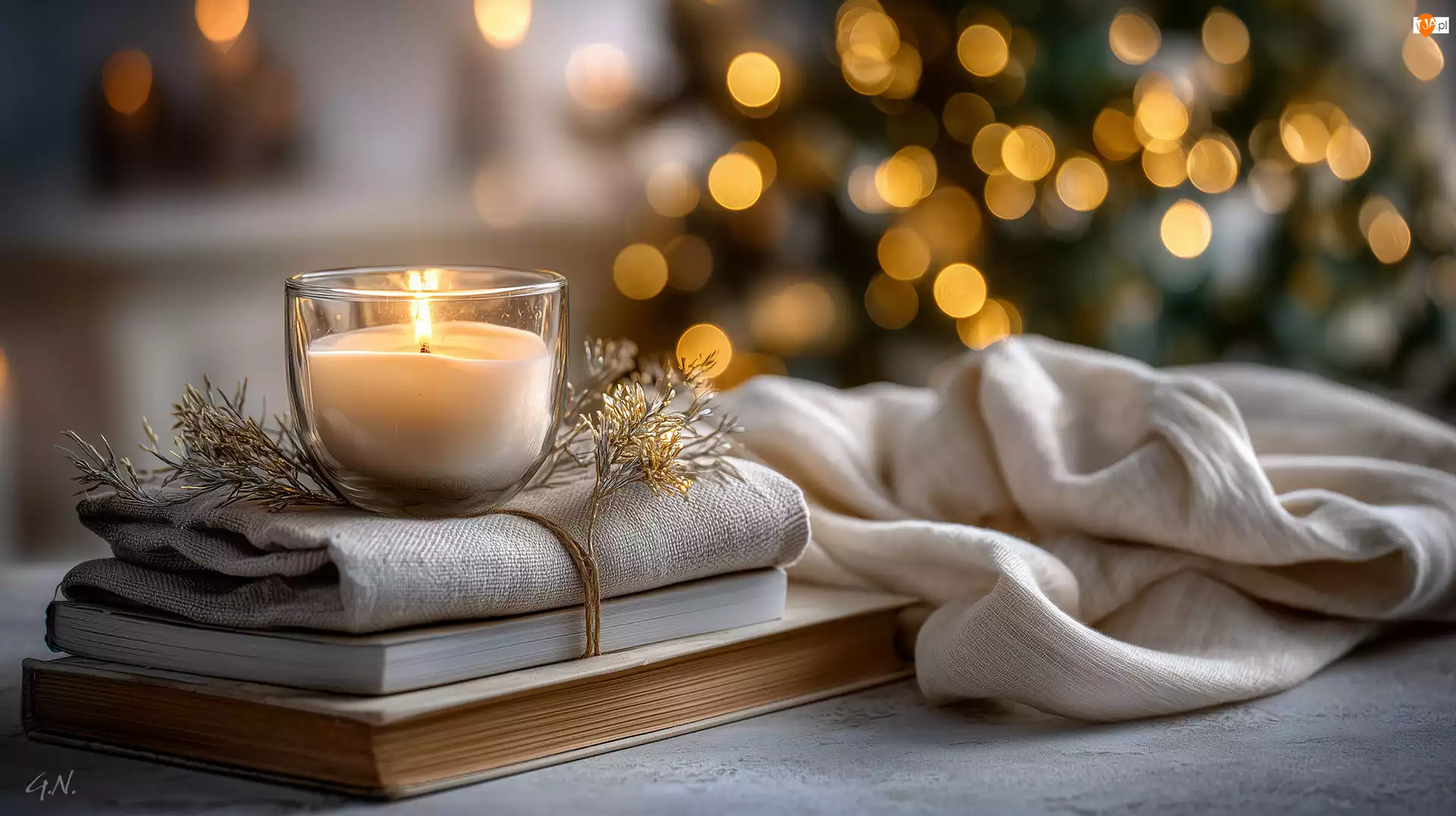 Grafika AI, Świeca, Książki, Tkaniny