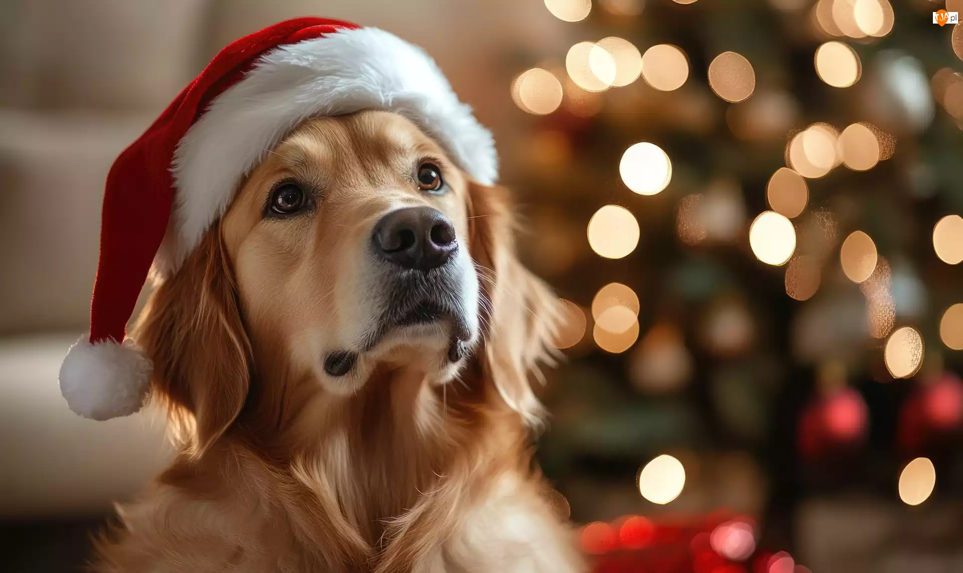 Czapka, AI, Golden retriever, Pies, Mikołaja
