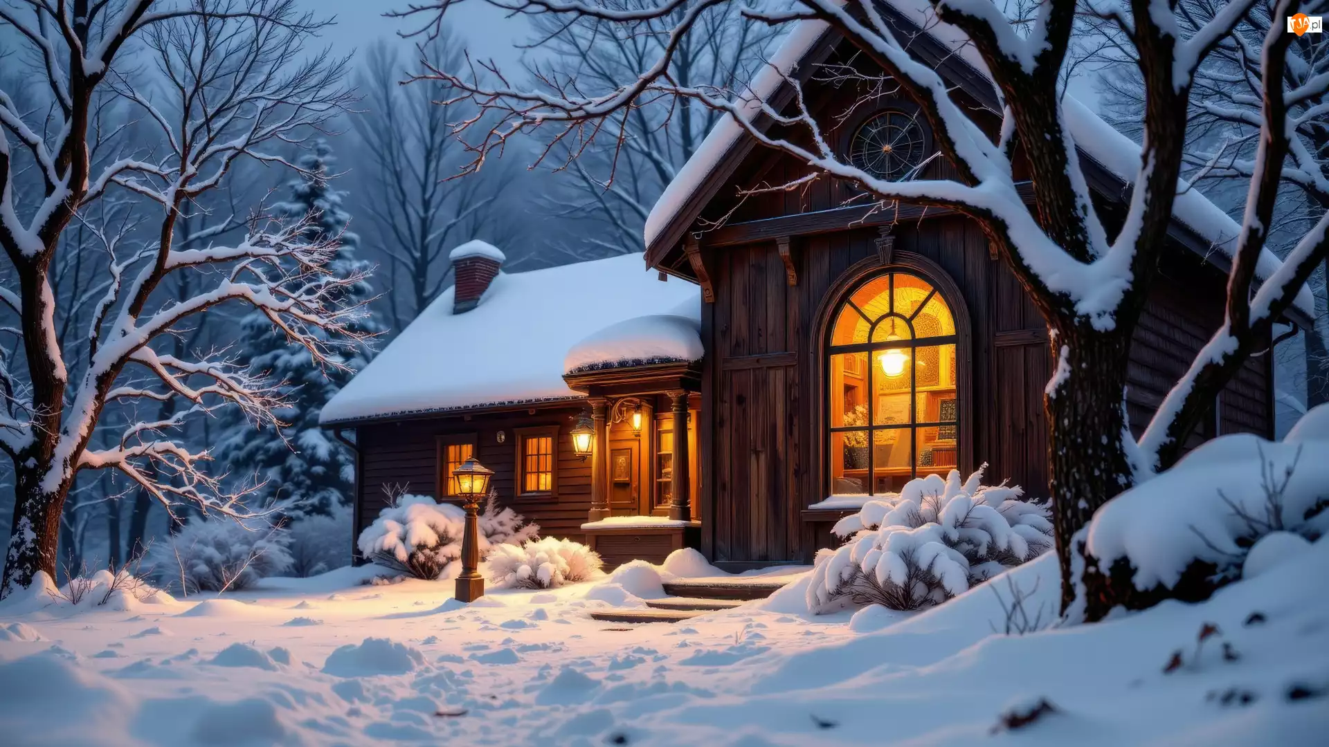 AI, Światła, Latarnie, Dom, Las, Zima, Krzewy, Drzewa, Noc, Śnieg