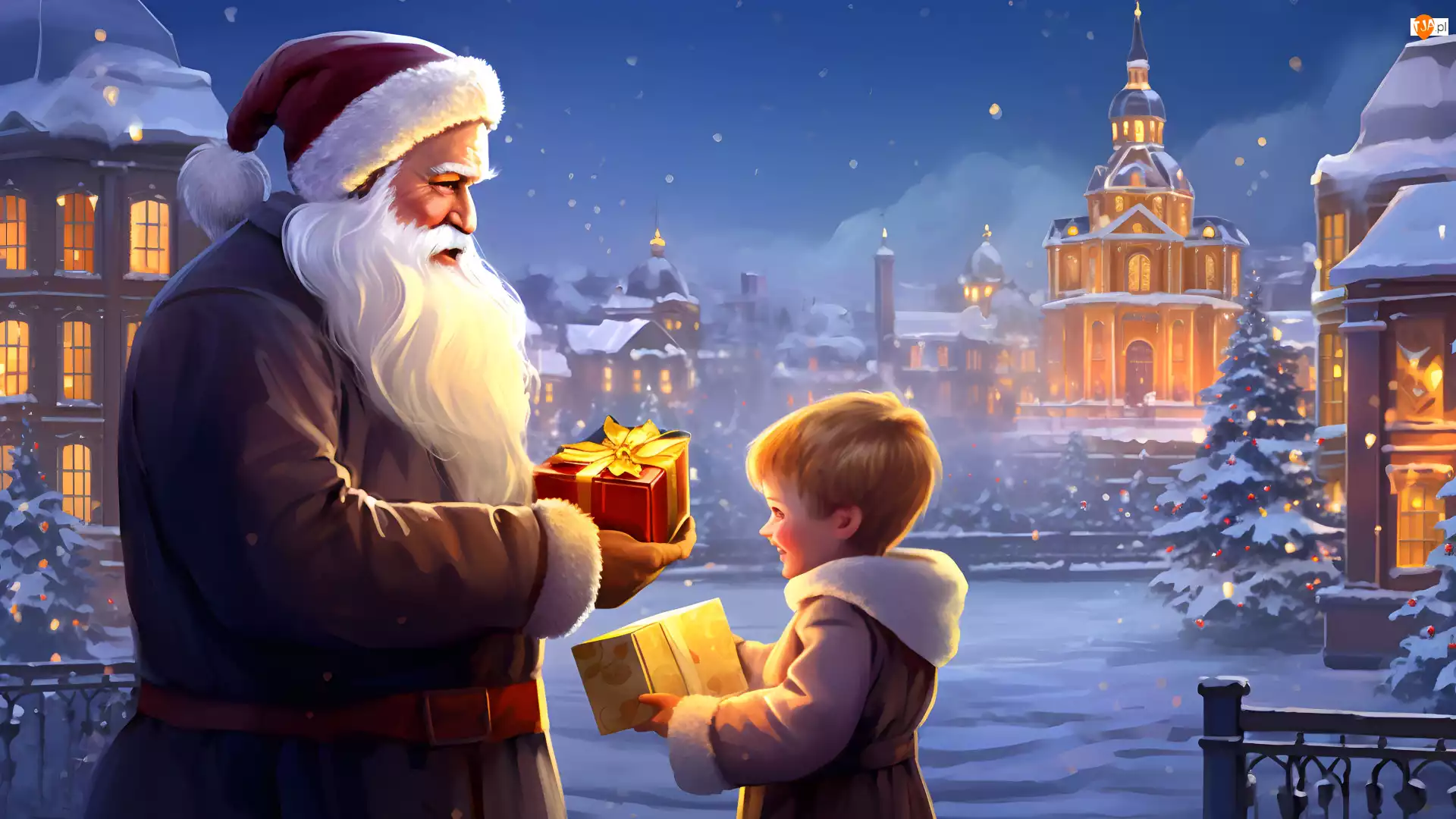 Prezenty, Dziecko, Śnieg, Mikołaj, Zima, Światła, Miasto