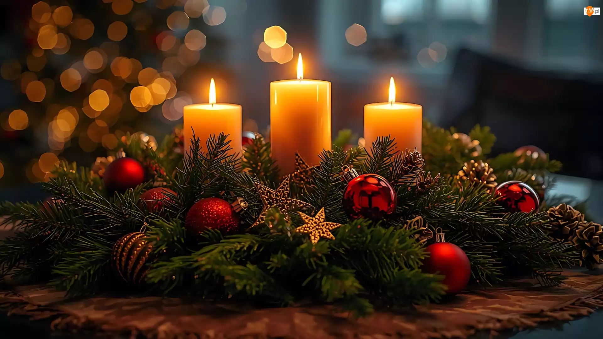 Świąteczne, Gwiazdy, Szyszki, Bombki, Trzy, Stroik, Gałązki, Świece, Świerk, Światło