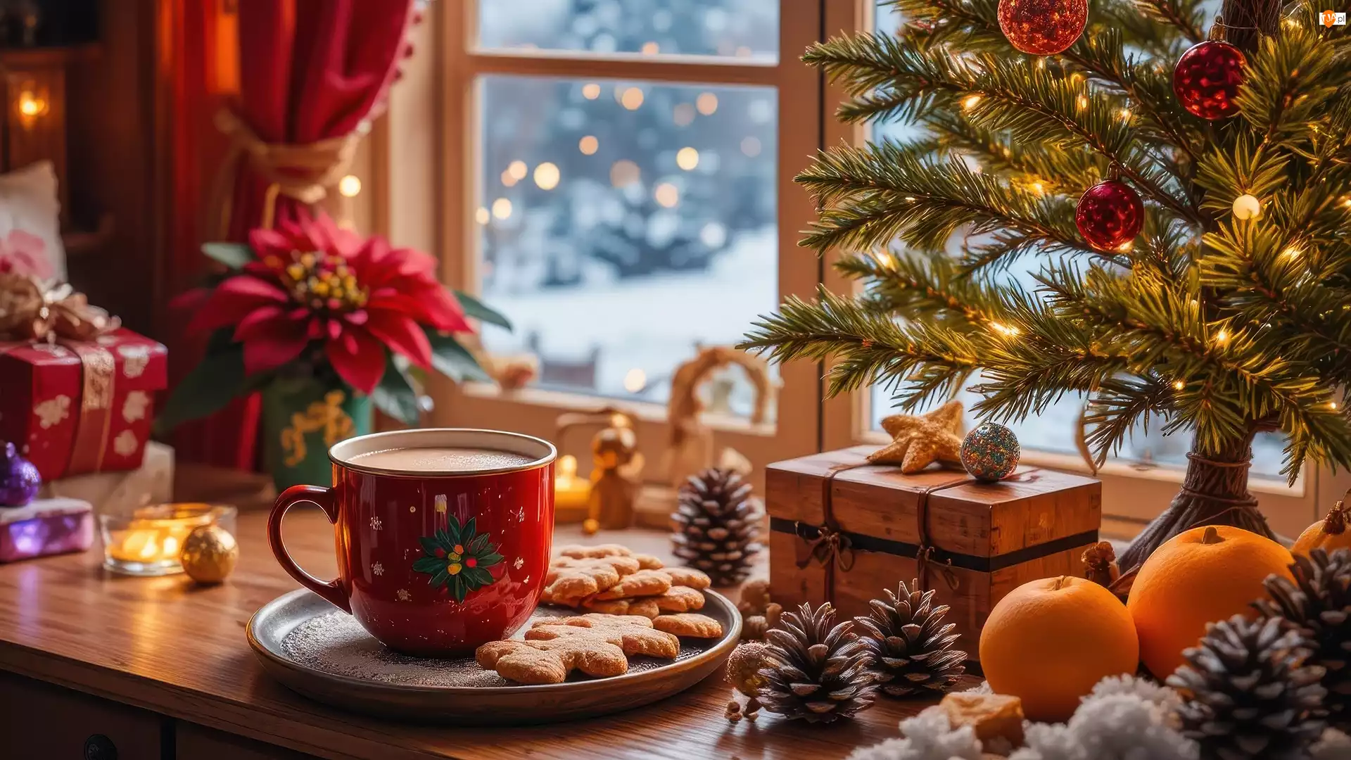 Choinka, Boże Narodzenie, Kubek, Prezent, Pomarańcze, Ciasteczka