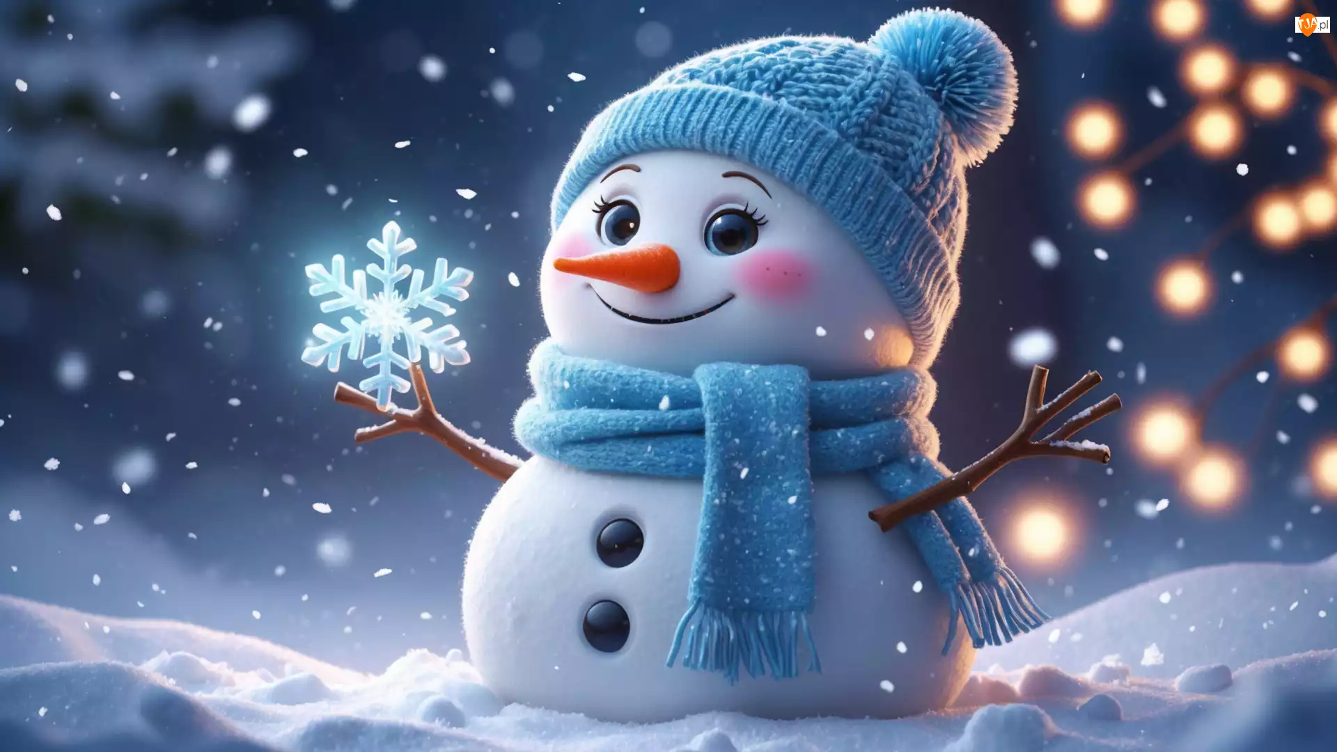 Śnieżynka, Zima, Szalik, Śnieg, Bałwan, Uśmiech, Światełka, Czapka