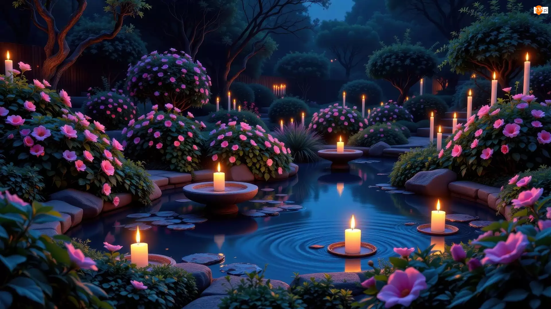 Oczko wodne, Ogród, Kwiaty, AI, Różowe, Świece