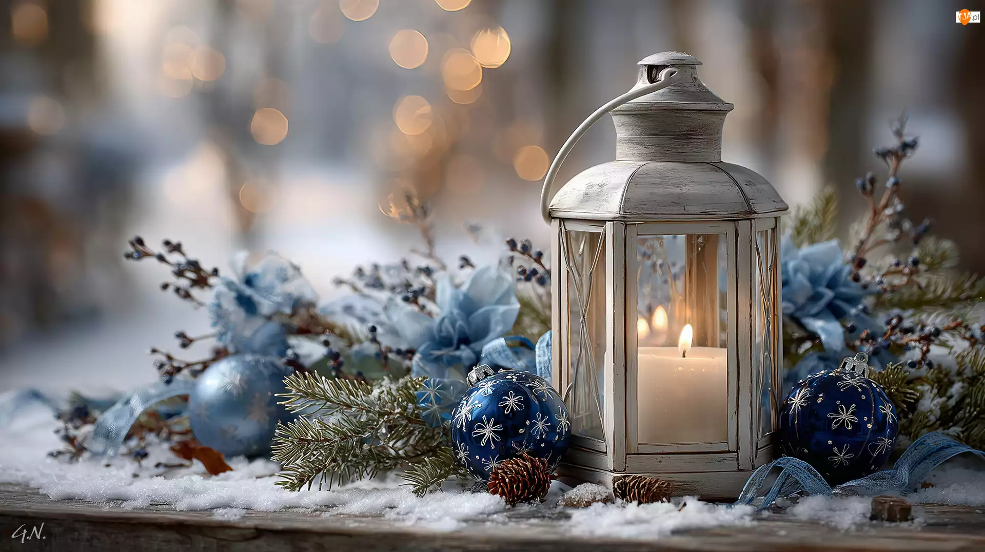 Bombki, Grafika AI, Lampion, Boże Narodzenie, Śnieg