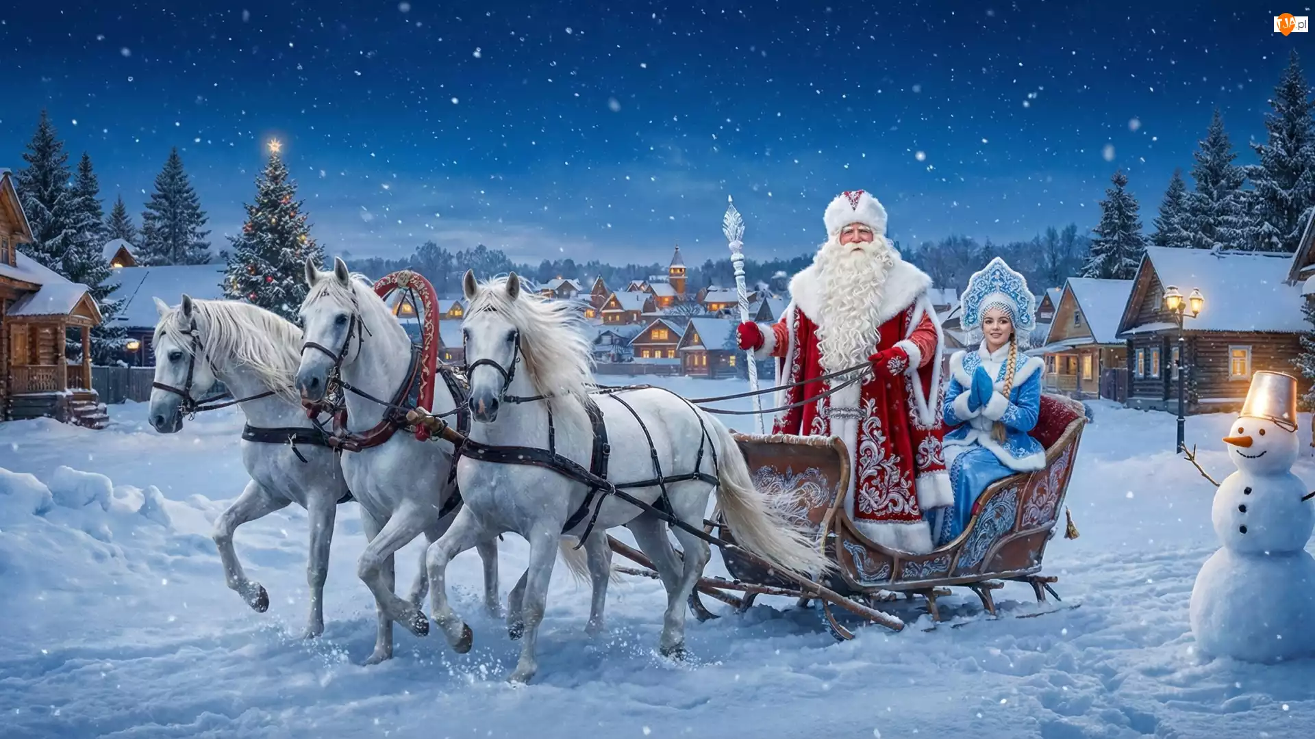 Mikołaj, Śnieżynka, Konie, Zima, Białe, Trzy, Sanie