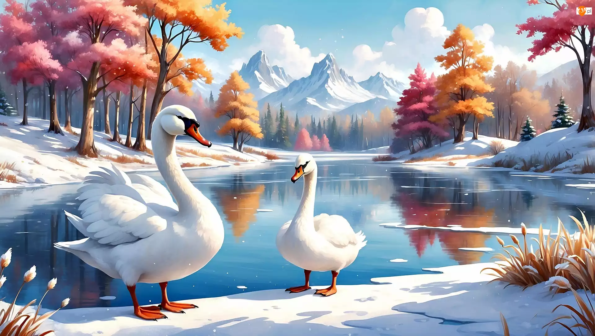 Drzewa, Ptaki, Łabędzie, Jezioro