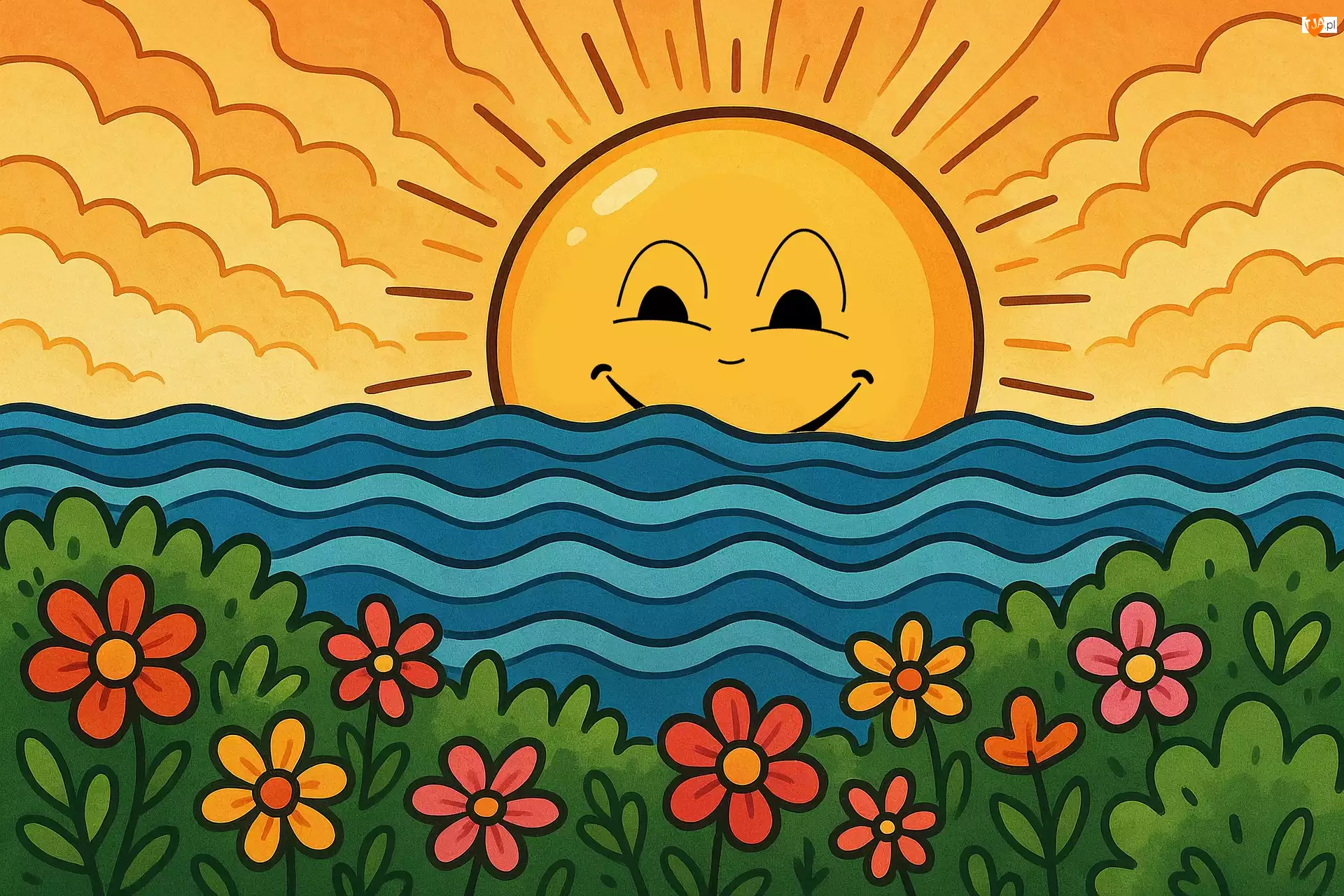 Grafika, Słońce, Kwiaty