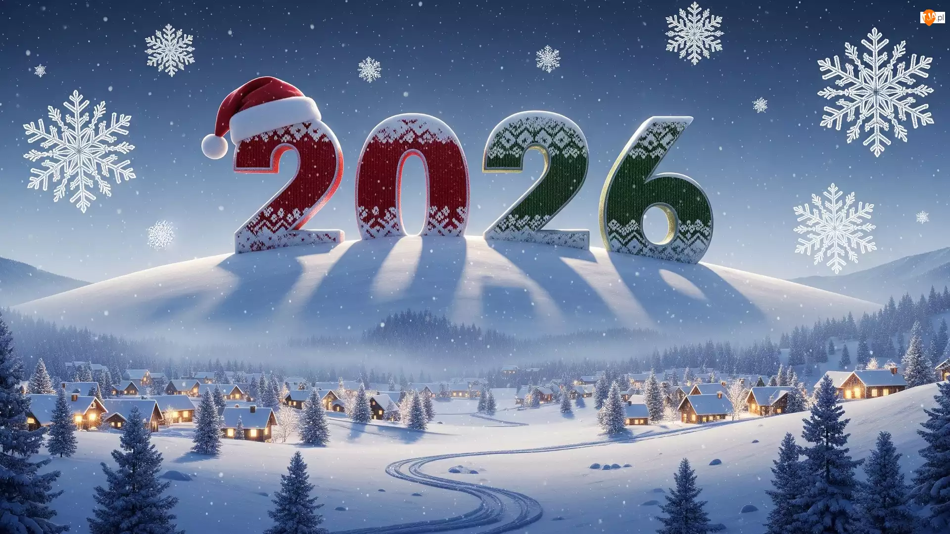 2026, Nowy Rok, Domki, Drzewa, Wioska, Choinki