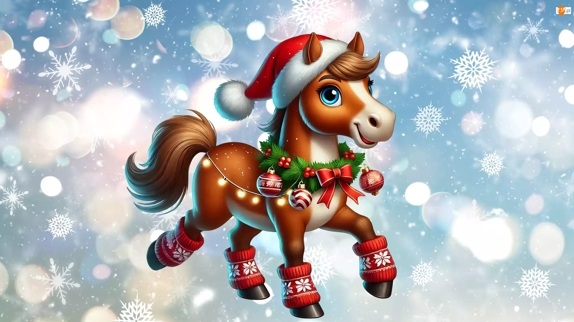 AI, Pony, Świąteczne, Bombki, Płatki, Czapka, Mikołaja, Konik, Wianek