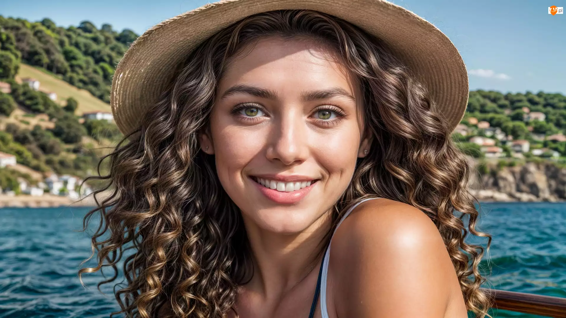 Kręcone, Uśmiech, Kapelusz, Kobieta, Włosy