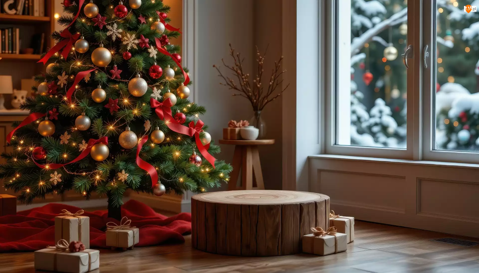 Prezenty, Choinka, Okno, Grafika AI, Podium, Boże Narodzenie