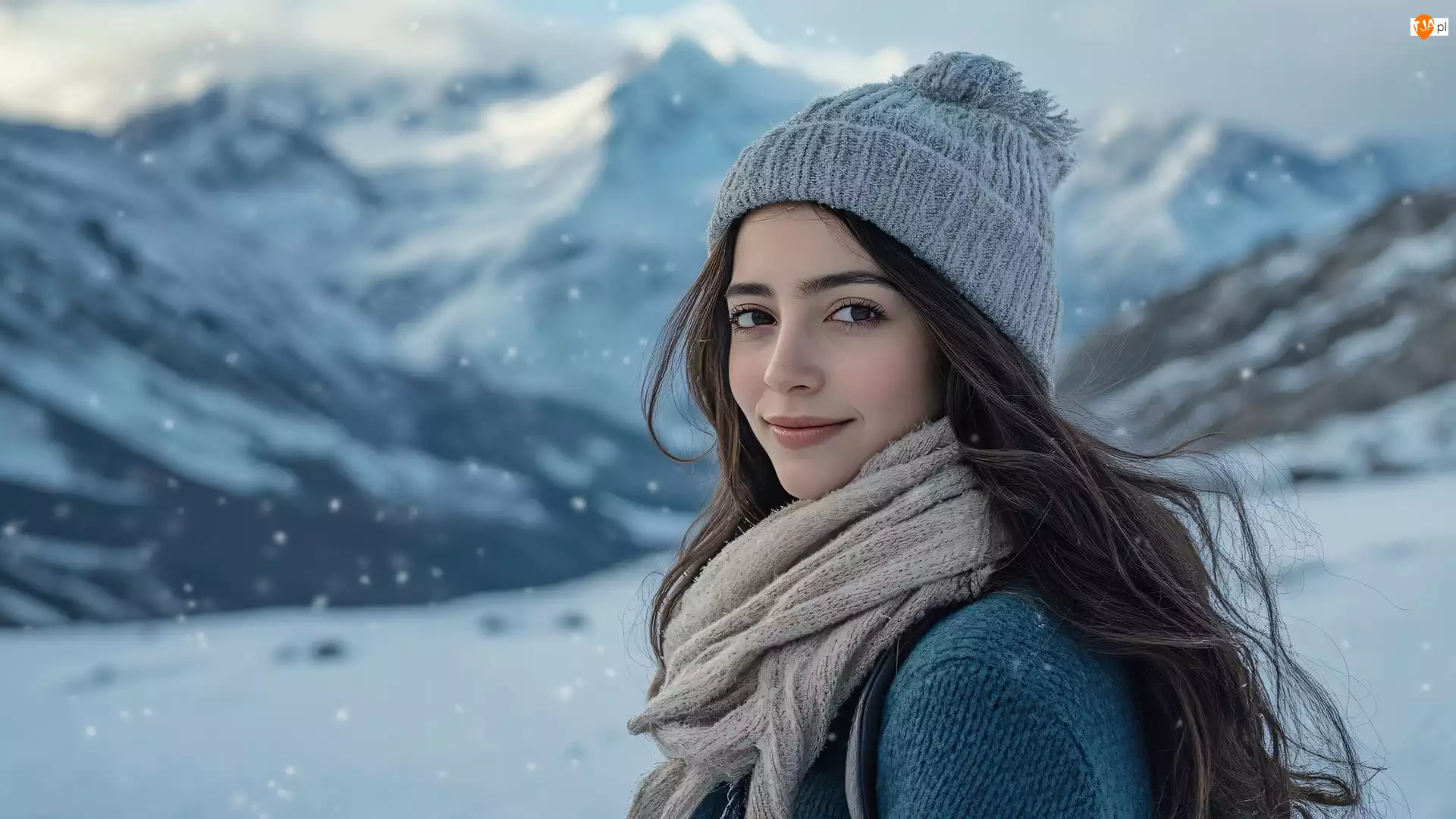 Szatynka, Długie, Spojrzenie, Kobieta, Szal, Czapka, Włosy