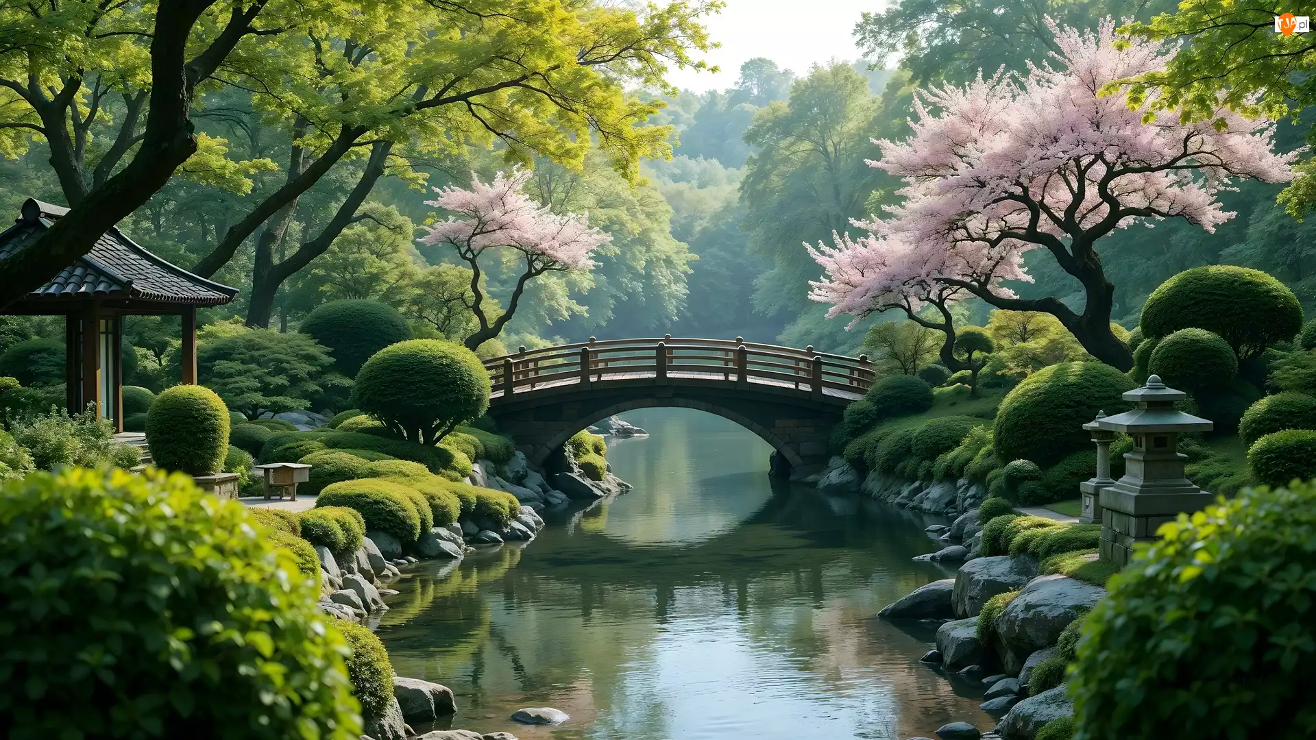 Mostek, Krzewy, Rzeka, Ogród, Drzewa