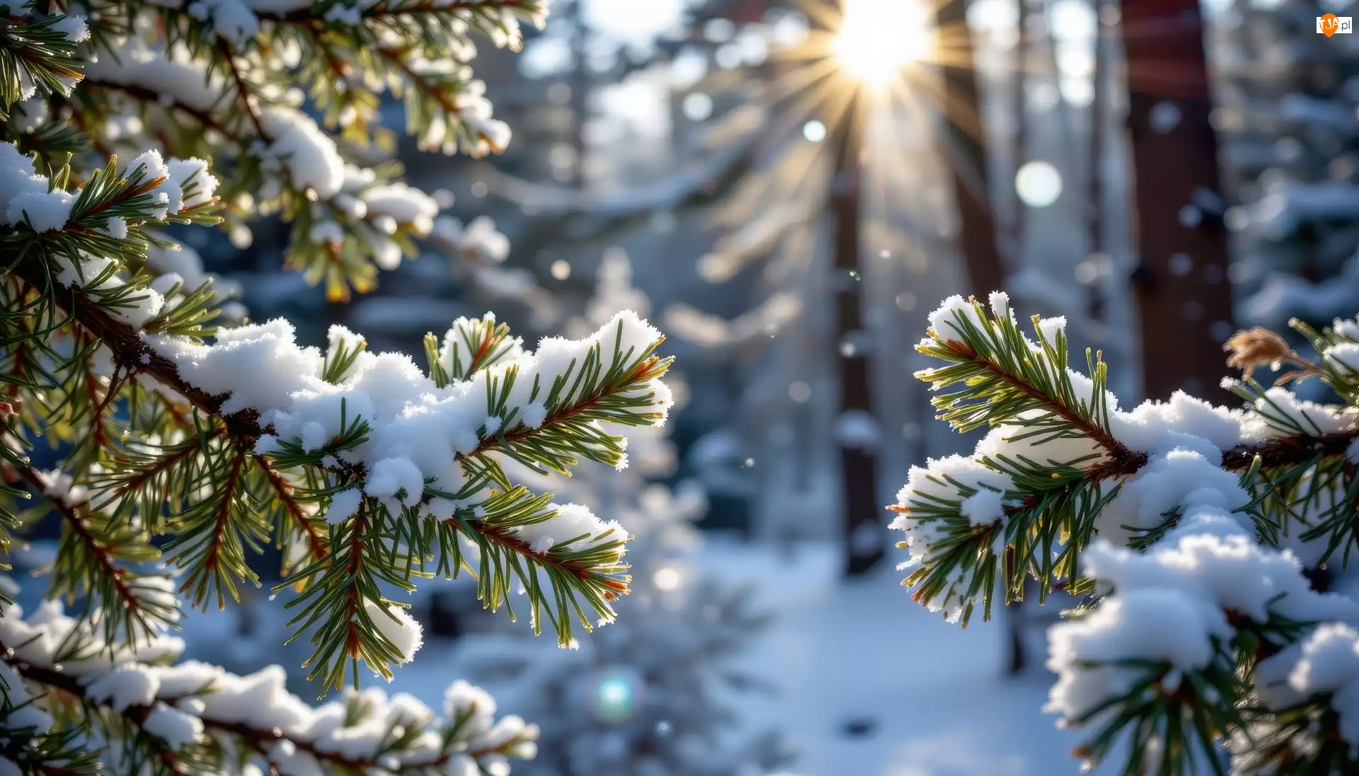 Gałązki, Świerk, Grafika AI, Ośnieżone, Promienie słońca, Las, Zima