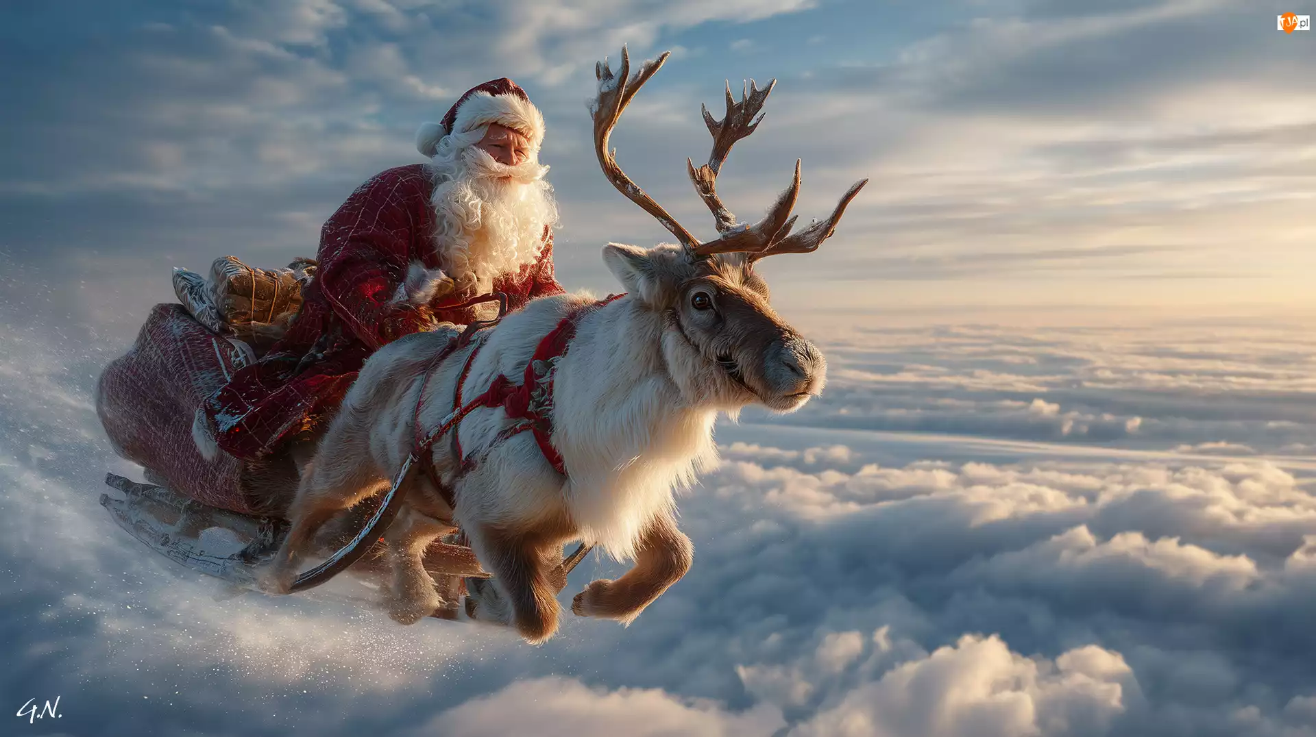 Święty, Renifer, Sanie, Grafika AI, Mikołaj, Chmury
