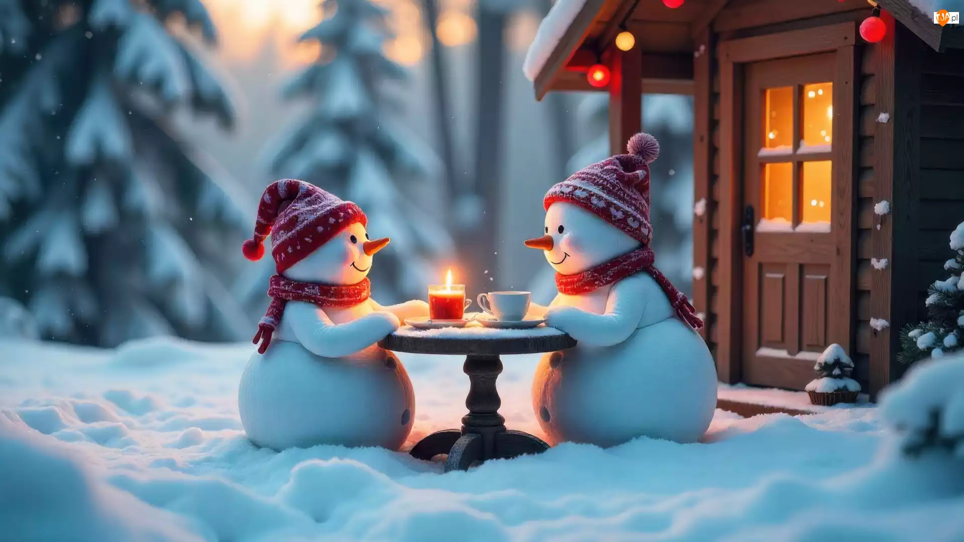 AI, Stolik, Świeca, Szaliki, Śnieg, Zima, Bałwanki, Dwa, Czapki, Dom