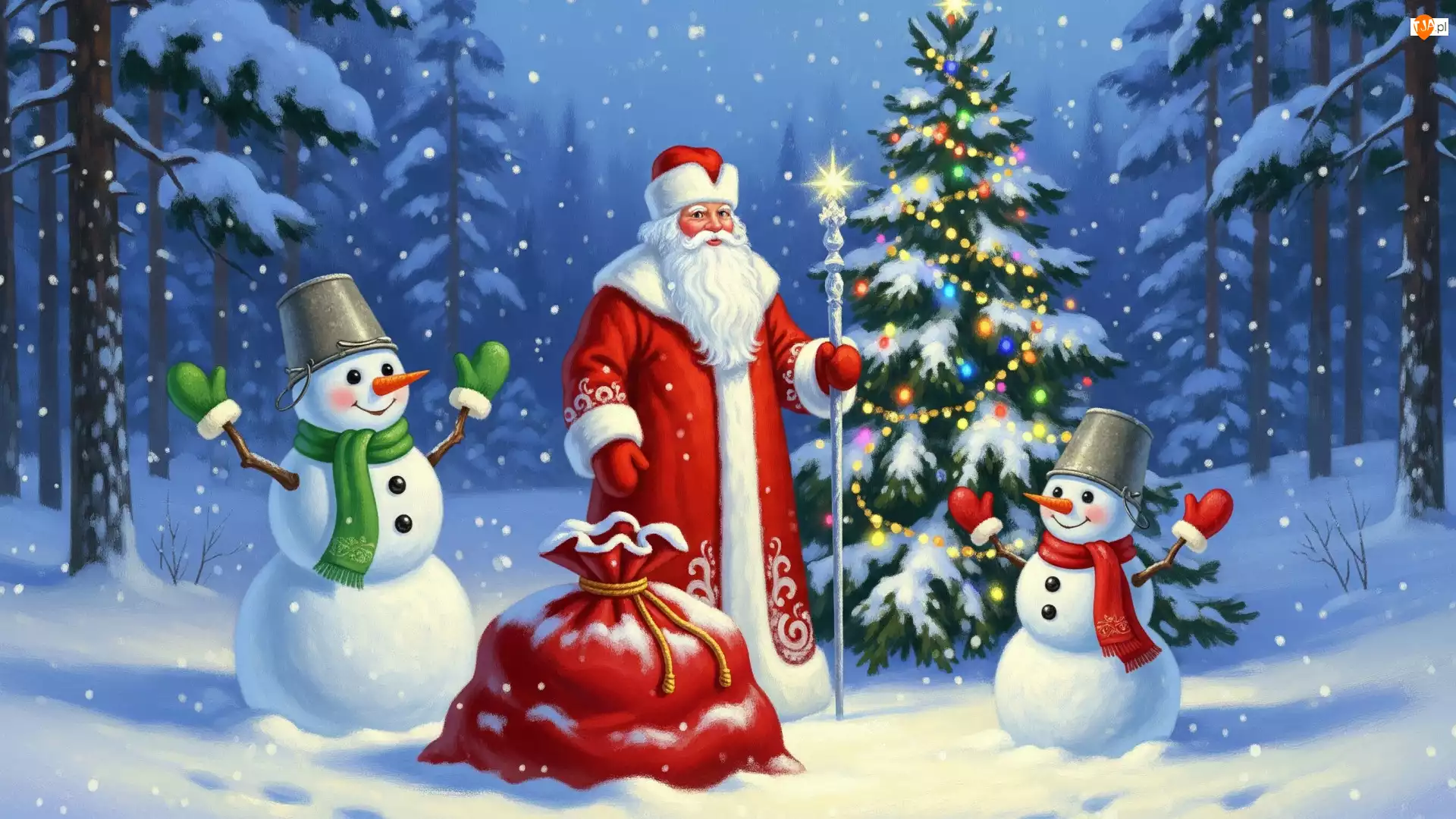 Zima, Choinka, Las, Udekorowana, Mikołaj, Boże Narodzenie, Bałwanki, Dwa, Worek, Śnieg