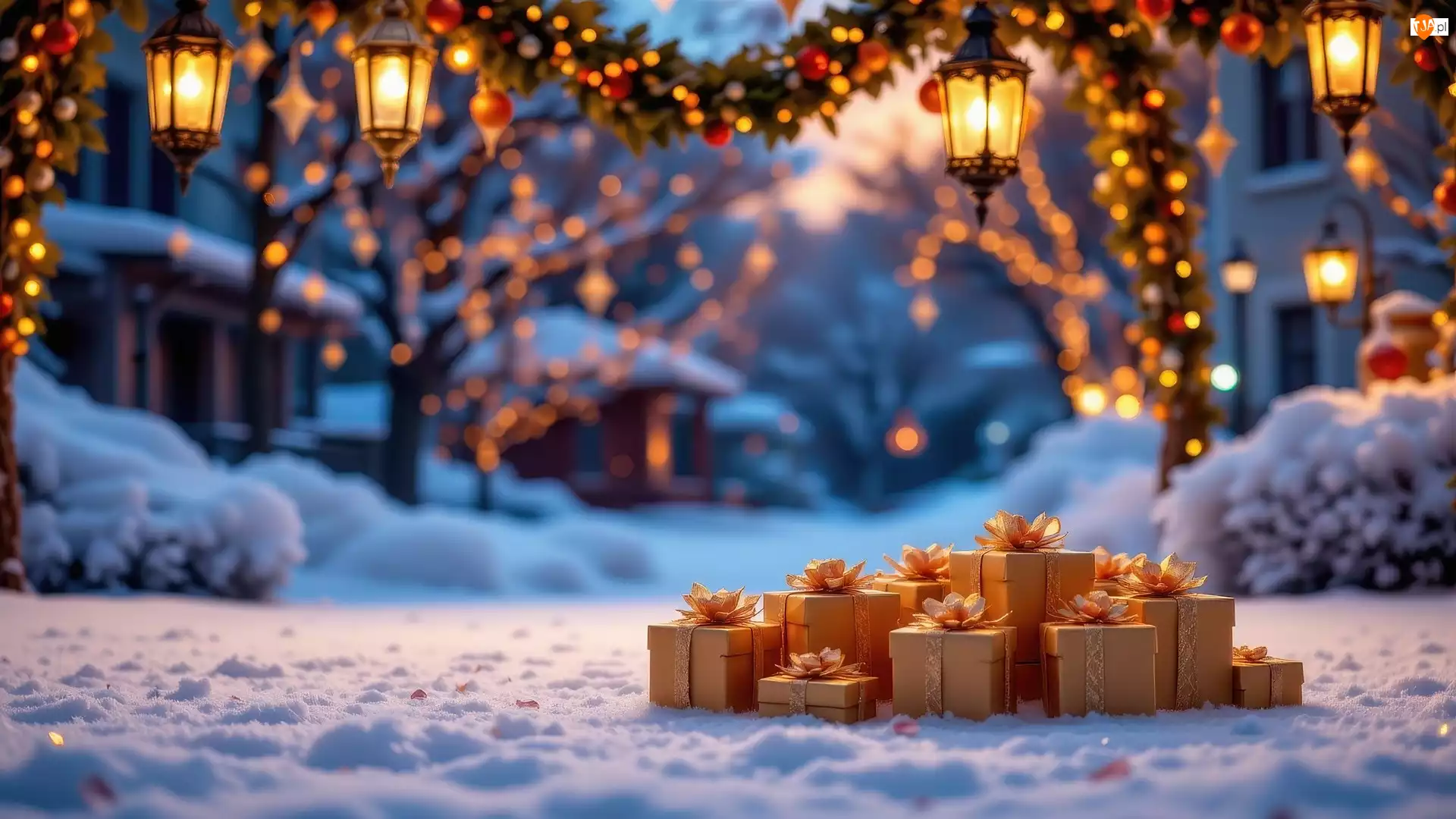 Śnieg, Zima, Lampiony, Świąteczne, Prezenty, Girlandy
