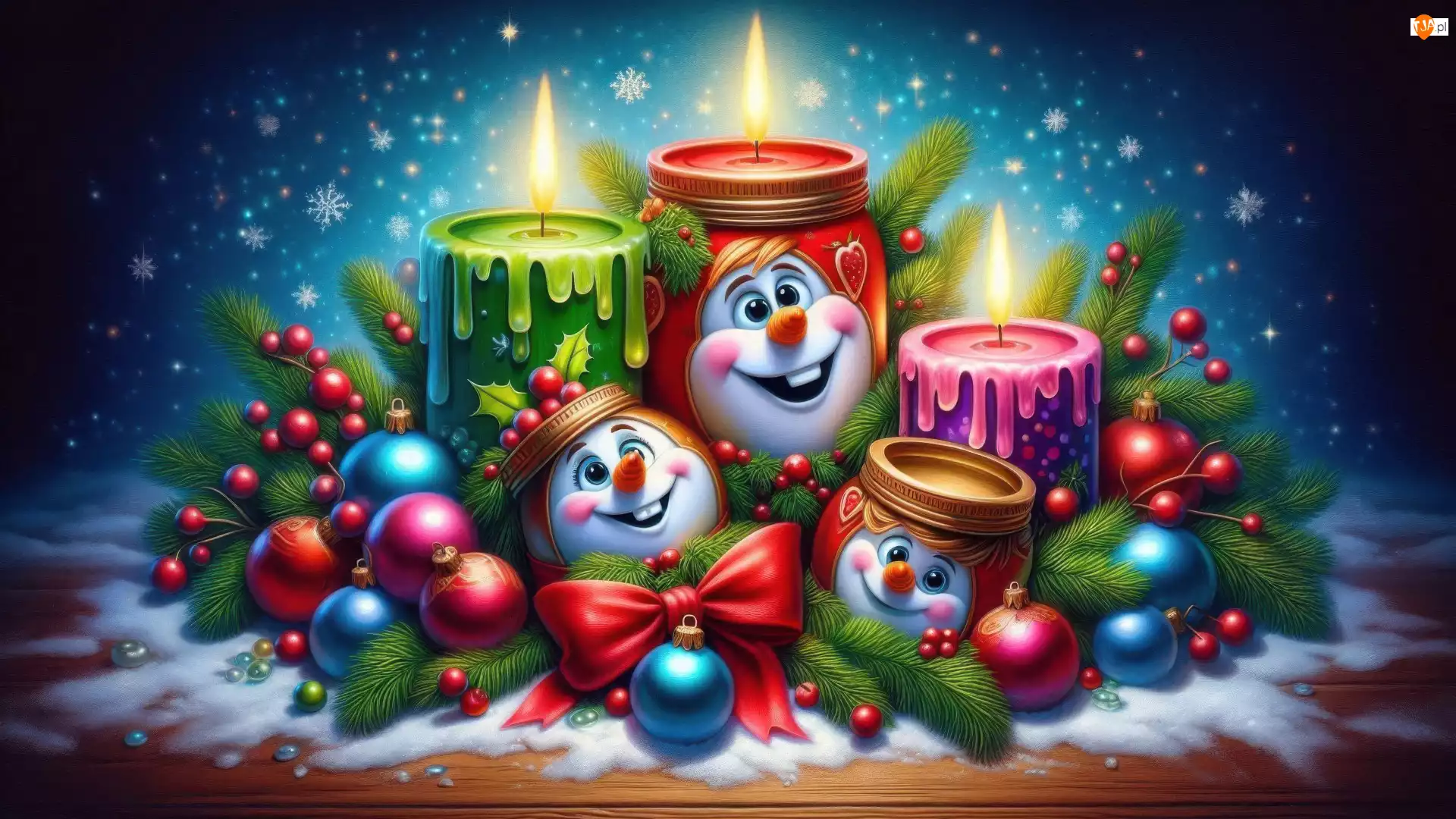 Stroik, Świece, Śnieg, Świąteczny, Gałązki, Bombki, Kolorowe