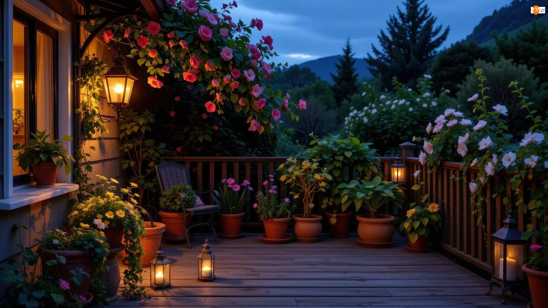 Lampiony, Kwiaty, Taras, Dom, Kolorowe
