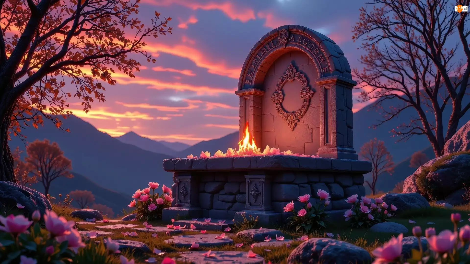 Góry, Tablica, Drzewa, Kwiaty, Kamienie, Upamiętniająca, Ogień, Pomnik, Różowe