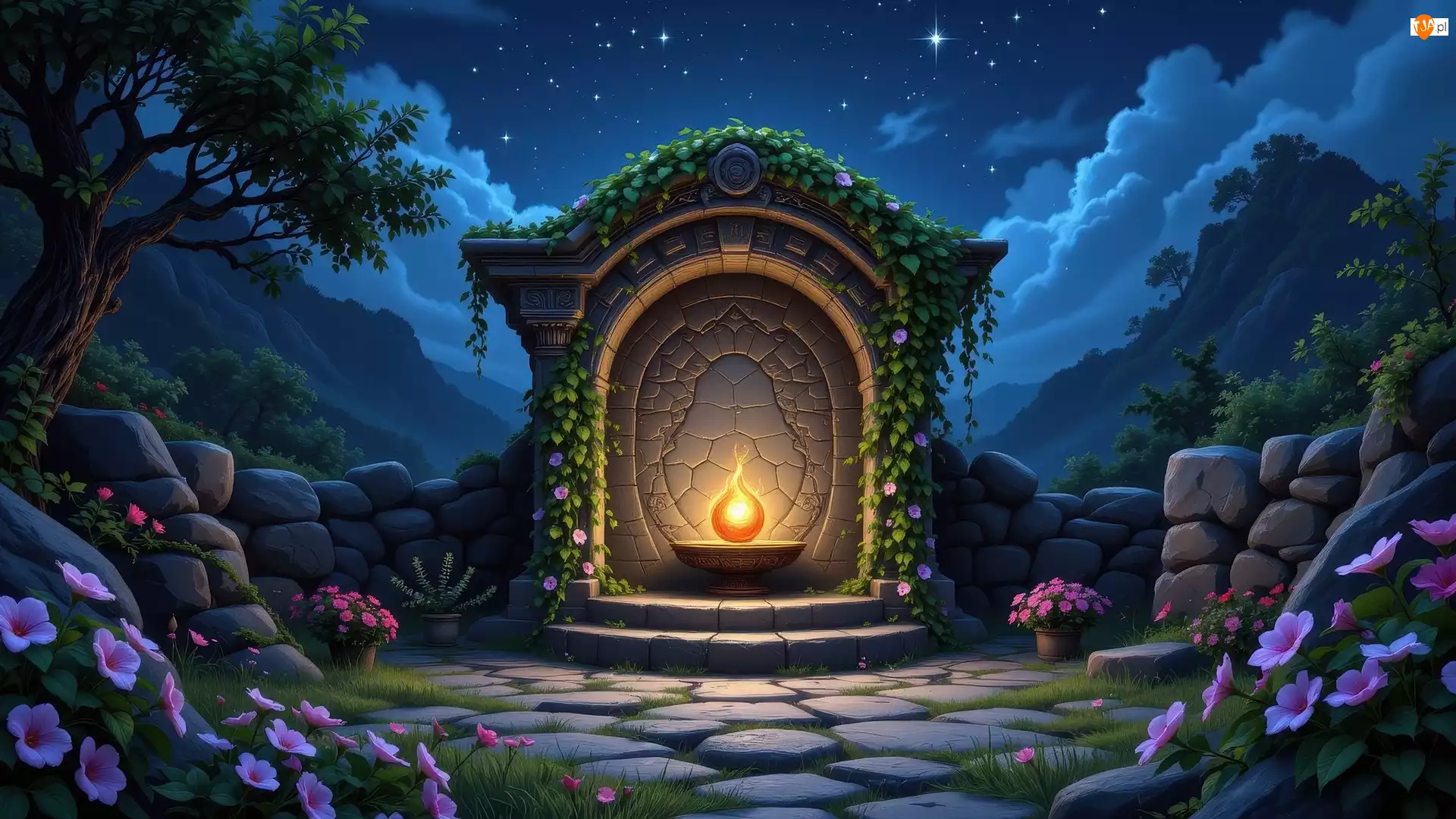 Drzewa, Różowe, Kwiaty, Mur, Tablica, Grafika, Znicz, Upamiętniająca, Kamienny, Góry