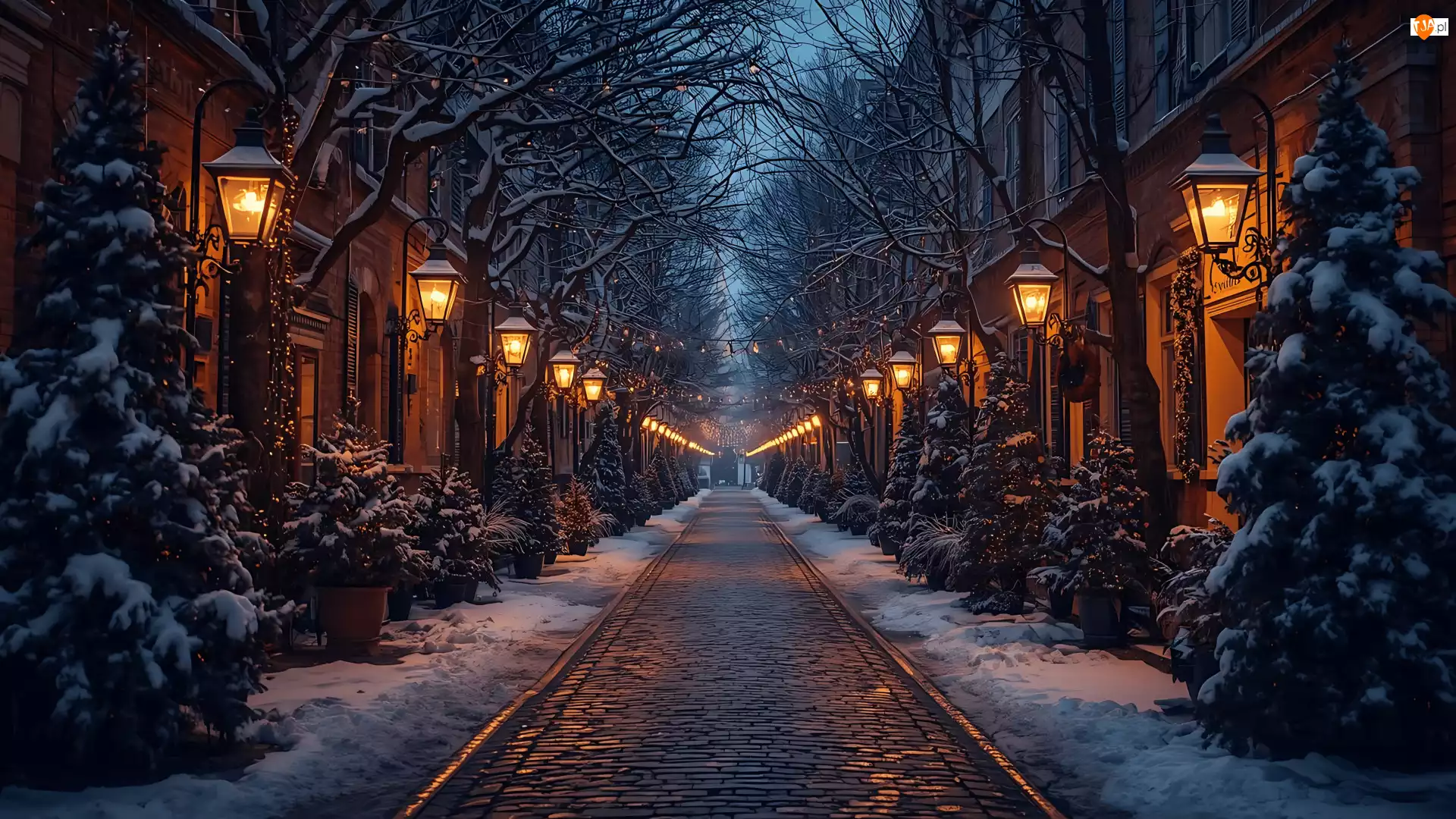 Ulica, Latarnie, Domy, Zima, Drzewa