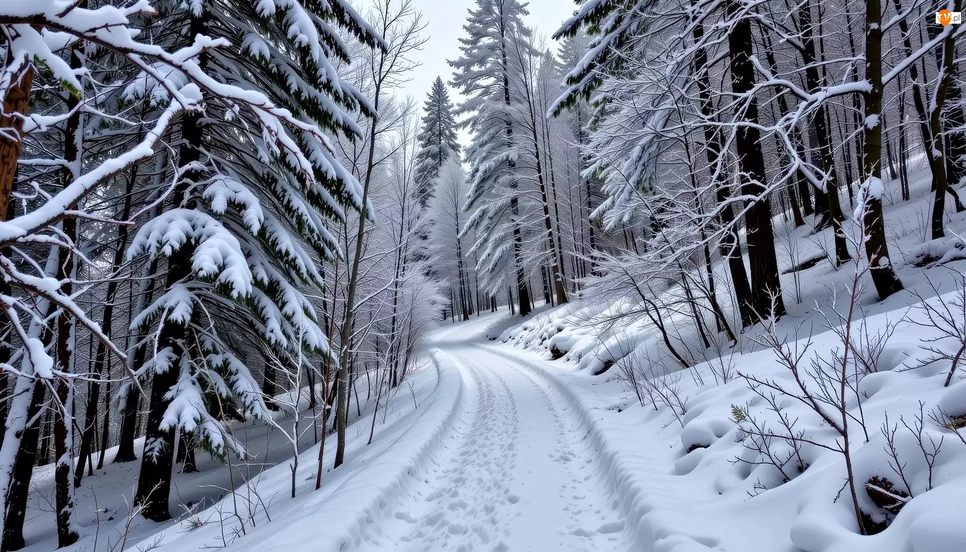 Zbocze, Droga, Las, Grafika AI, Zima, Drzewa