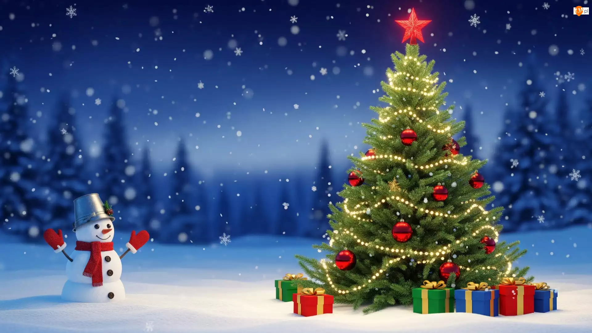 Zima, Udekorowana, Śnieg, Las, Noc, Choinka, Prezenty, Boże Narodzenie, Bałwanek