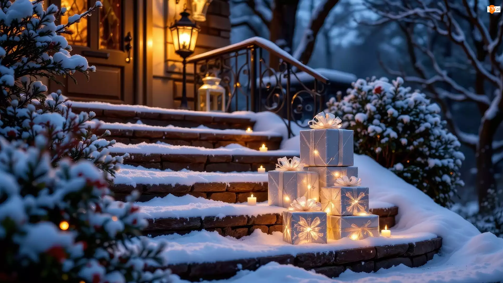 Latarnia, Dom, Świece, Ośnieżone, Krzewy, Schody, Śnieg, Zima, Prezenty