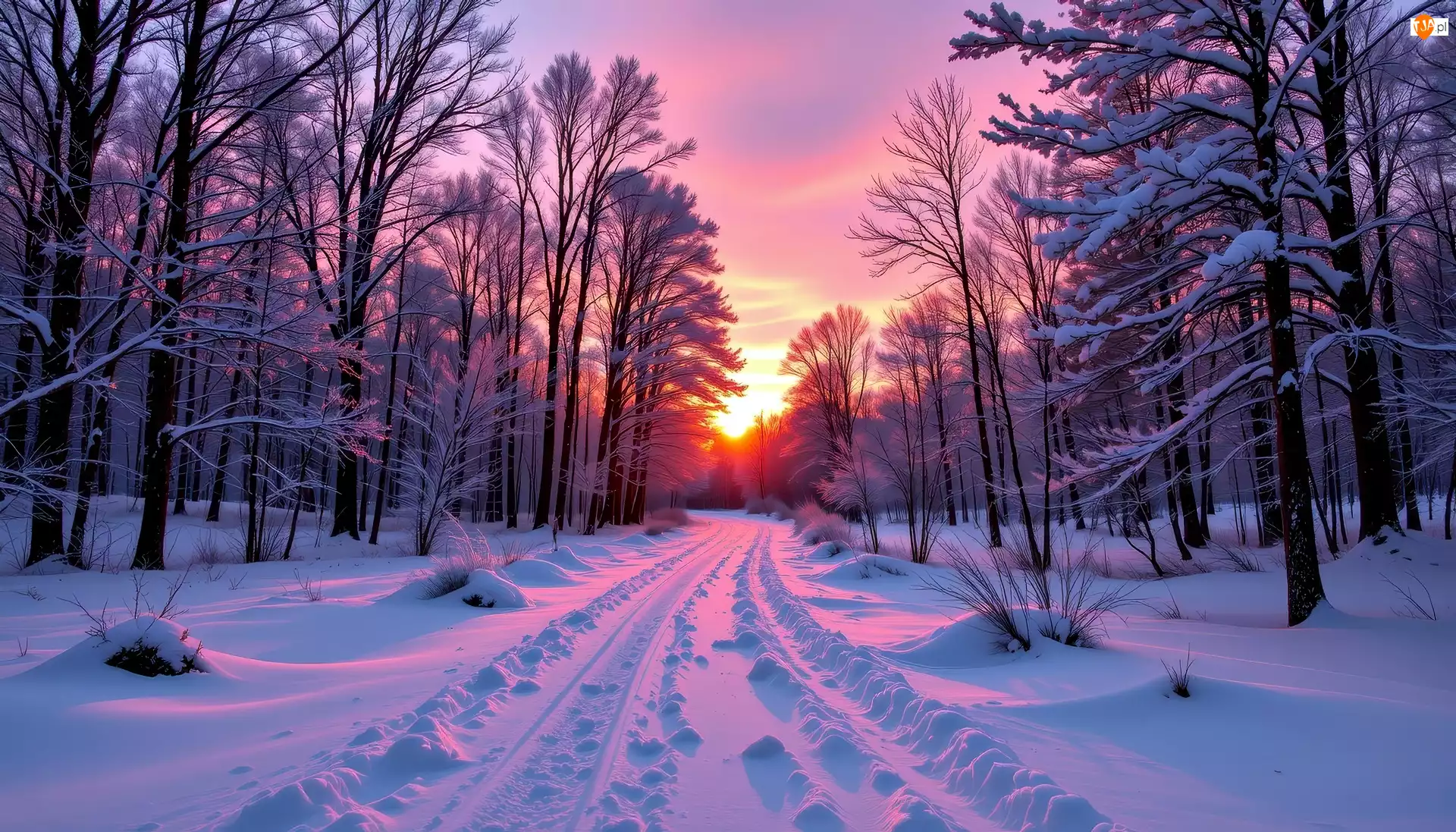 Droga, Zima, Las, Grafika AI, Drzewa, Zachód słońca