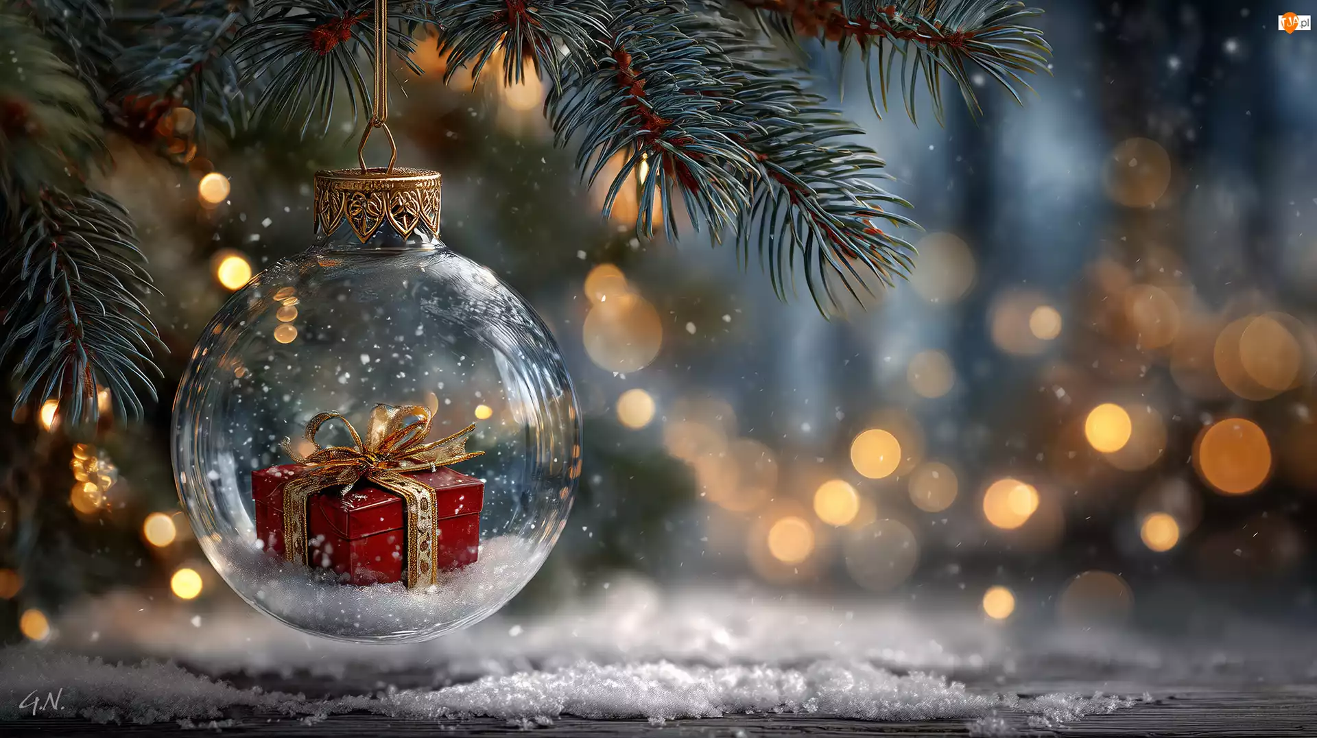 Prezent, Grafika AI, Bombka, Boże Narodzenie, Świerk