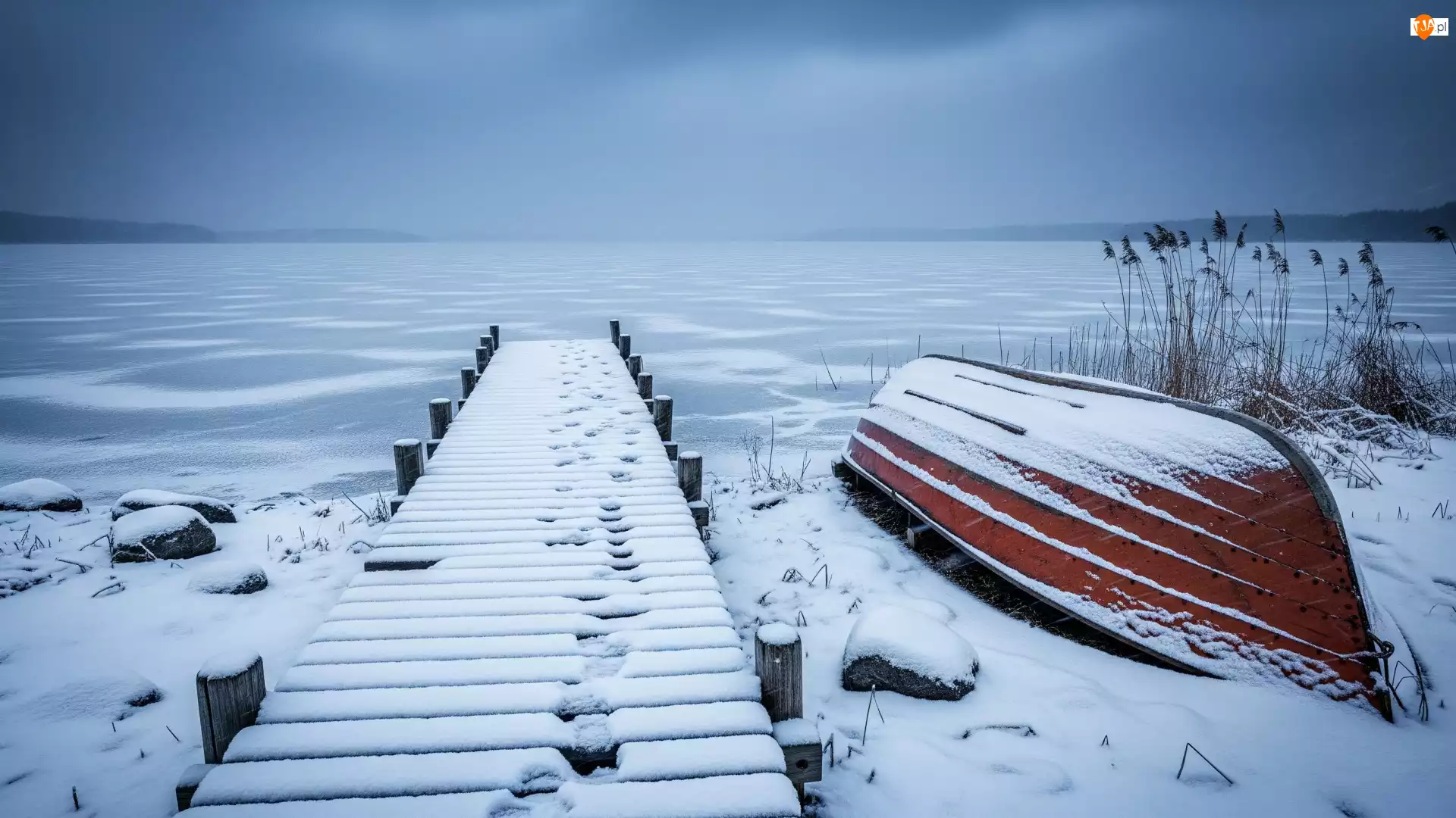 Łódka, Niebo, Jezioro, Zima, Pomost