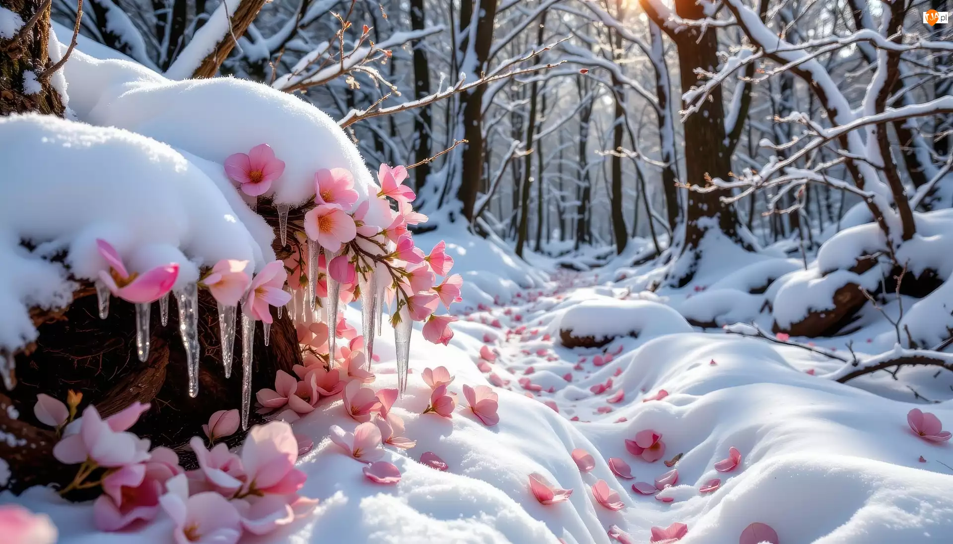 Drzewa, Zima, Różowe, Las, Kwiaty, Zaspy, Sople