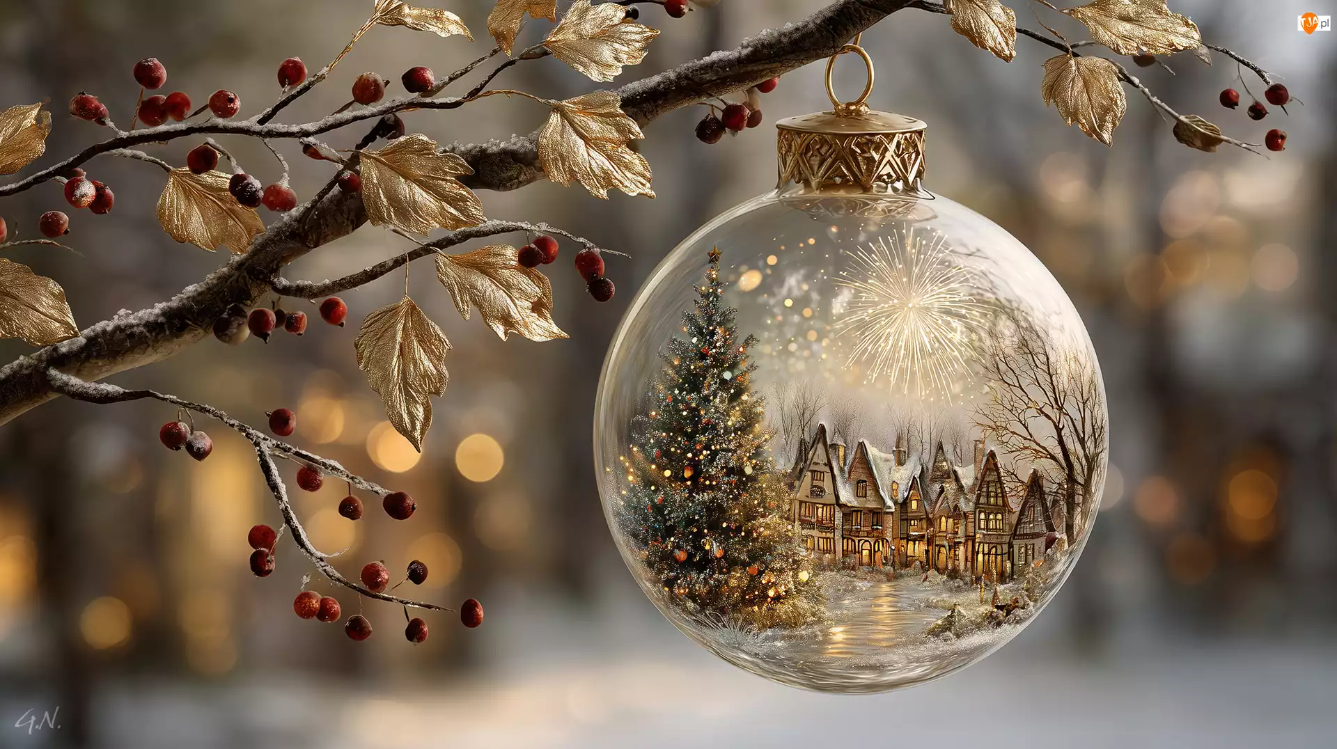 Bombka, Boże Narodzenie, Liście, Grafika AI, Złote, Gałązka