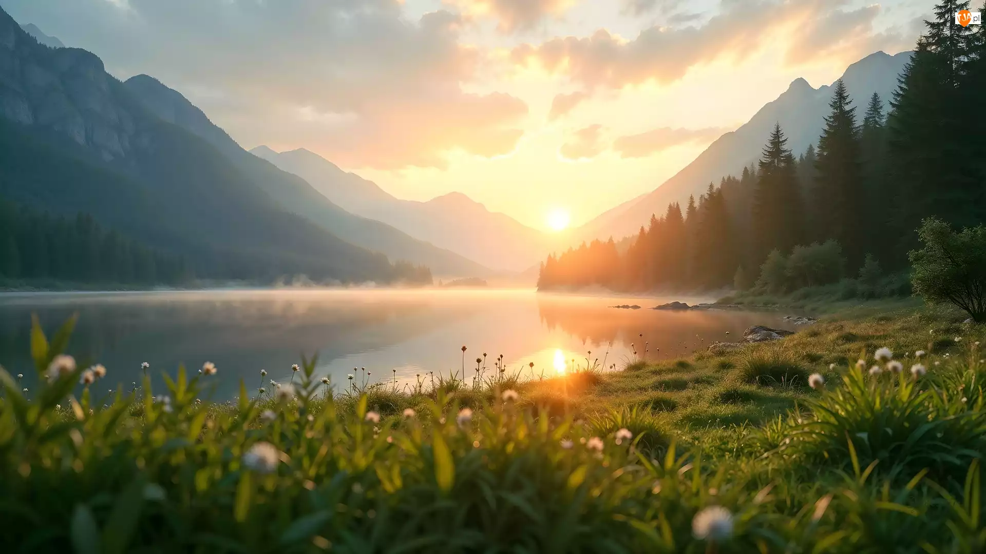 Łąka, Jezioro, Góry, Drzewa