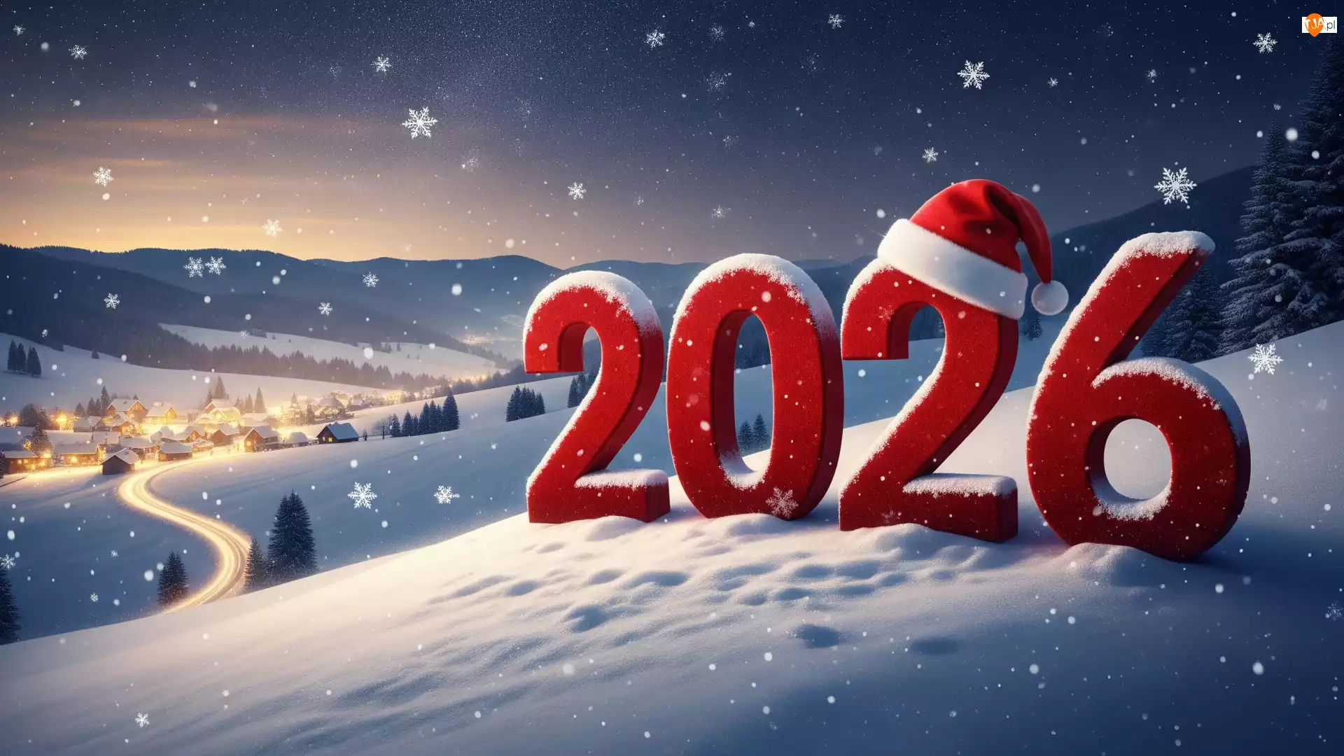 2026, Zima, AI, Nowy Rok, Mikołaja, Czapka, Wzgórza