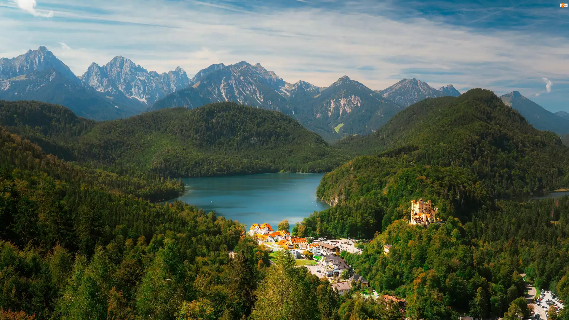 Niemcy, Alpy, Bawaria, Domy, Gmina Schwangau, Jezioro, Jezioro Alpsee, Góry, Zamek Hohenschwangau