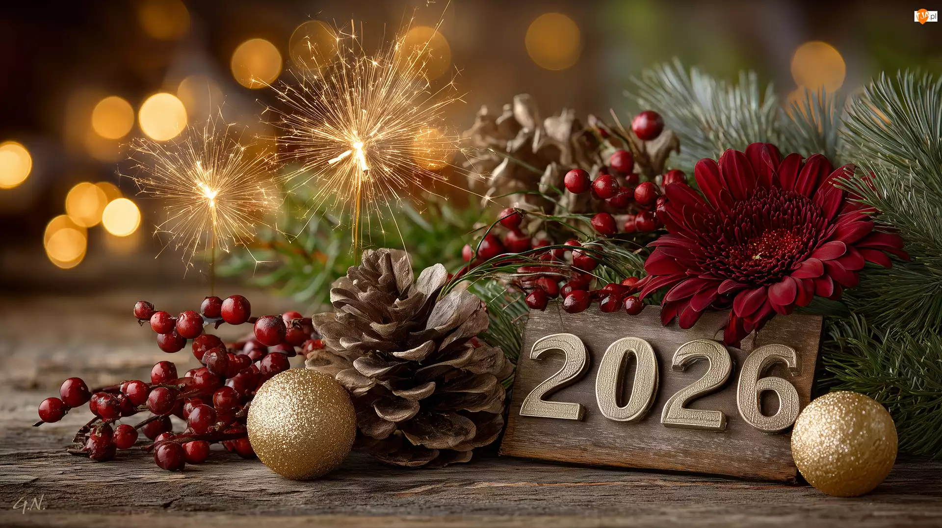 2026, Bombki, Grafika AI, Nowy Rok, Kwiat, Szyszka, Zimne ognie