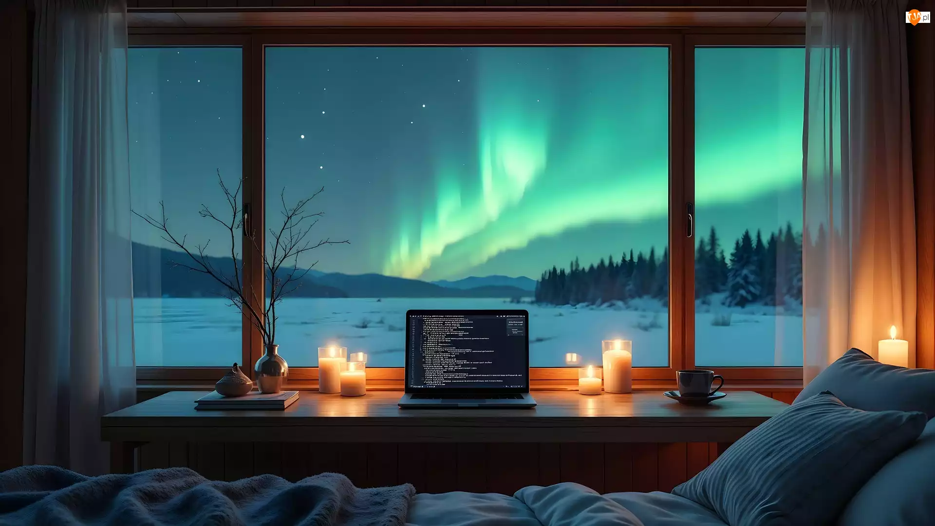 Świece, Okno, Laptop, Zorza polarna, Stół