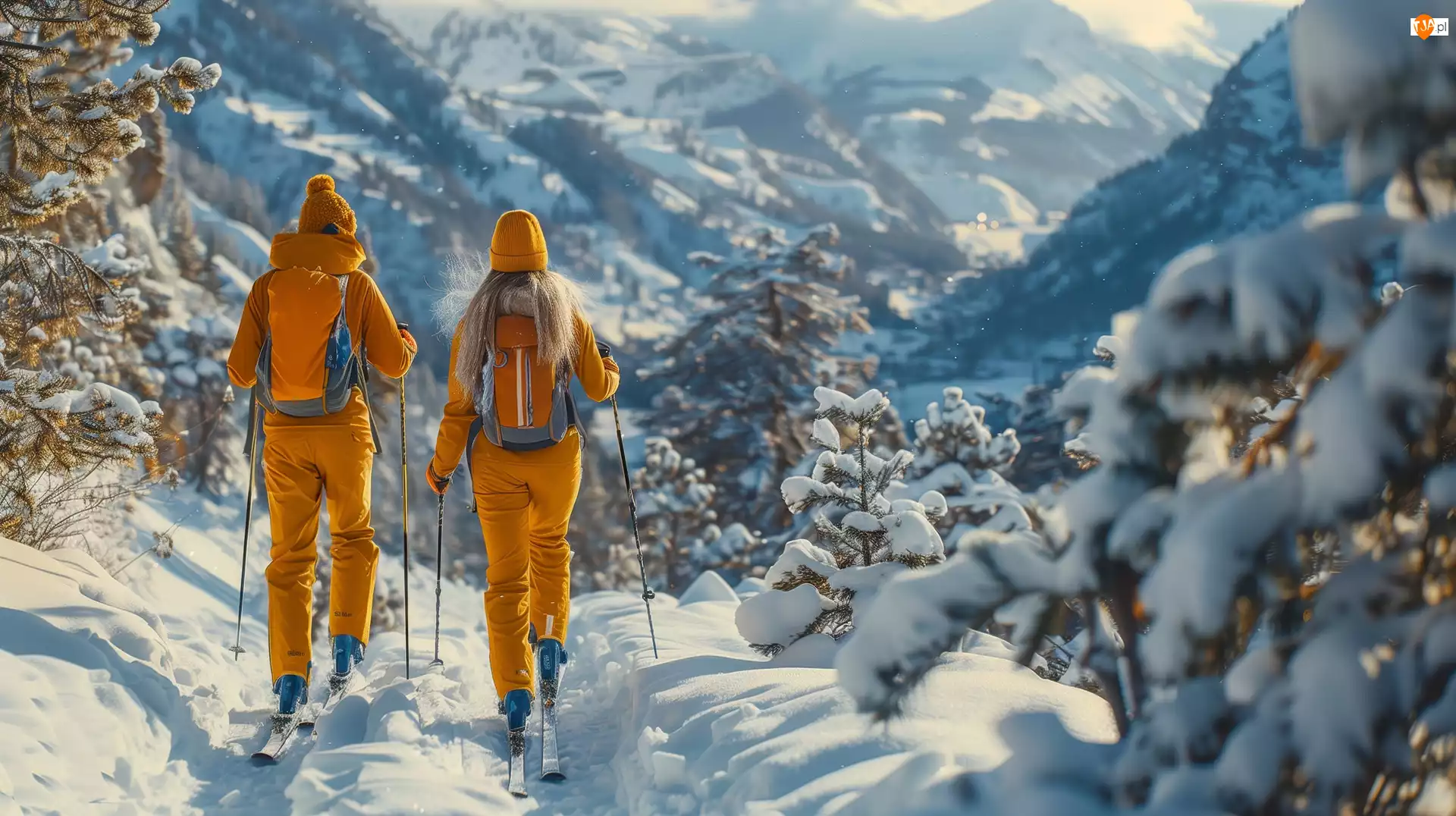Drzewa, Grafika AI, Narciarze, Zima, Góry