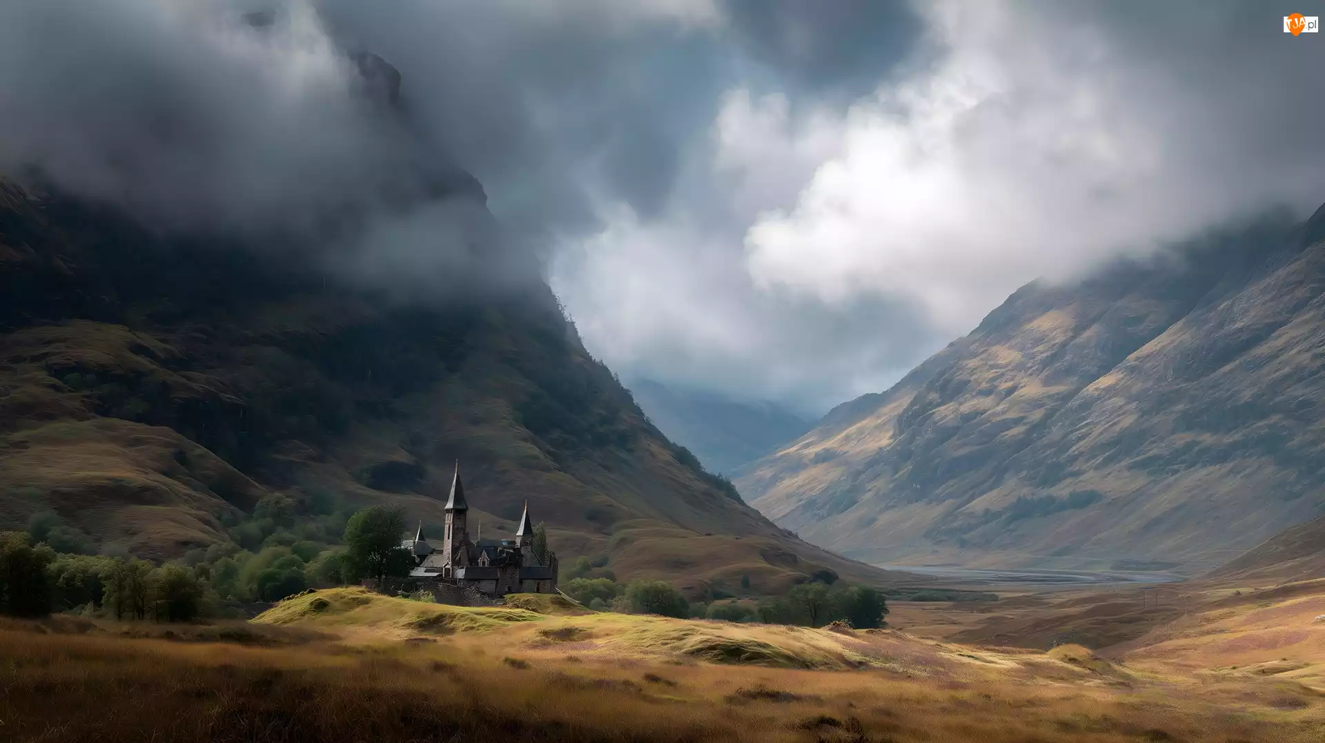 Góry, Grafika AI, Zamek, Dolina, Chmury
