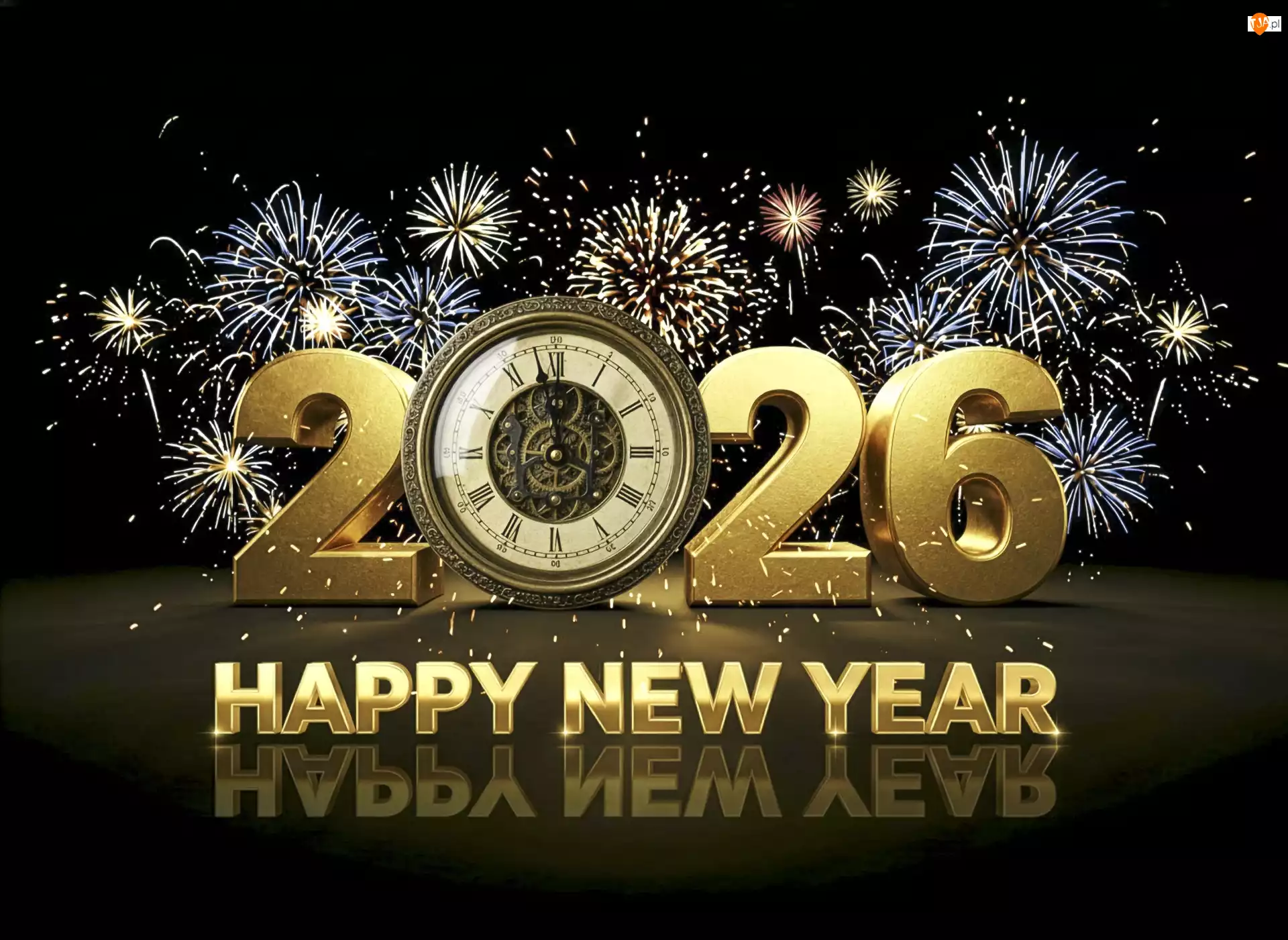 Happy New Year, Nowy Rok, Sylwester, Napis, Fajerwerki, Zegar, 2026