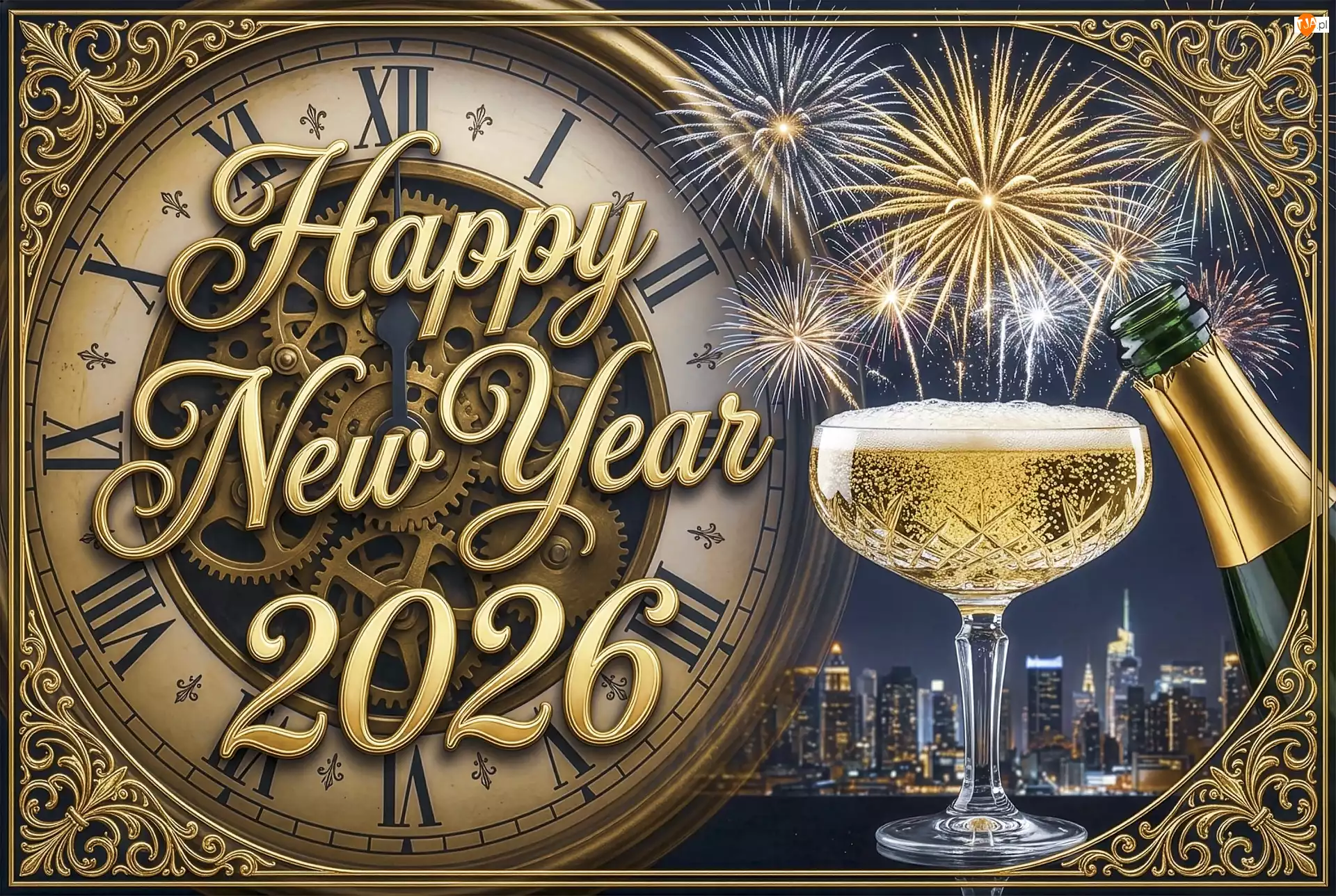 Fajerwerki, Nowy Rok, Butelka, Happy New Year, Kieliszek, 2026, Zegar, Sylwester, Napis