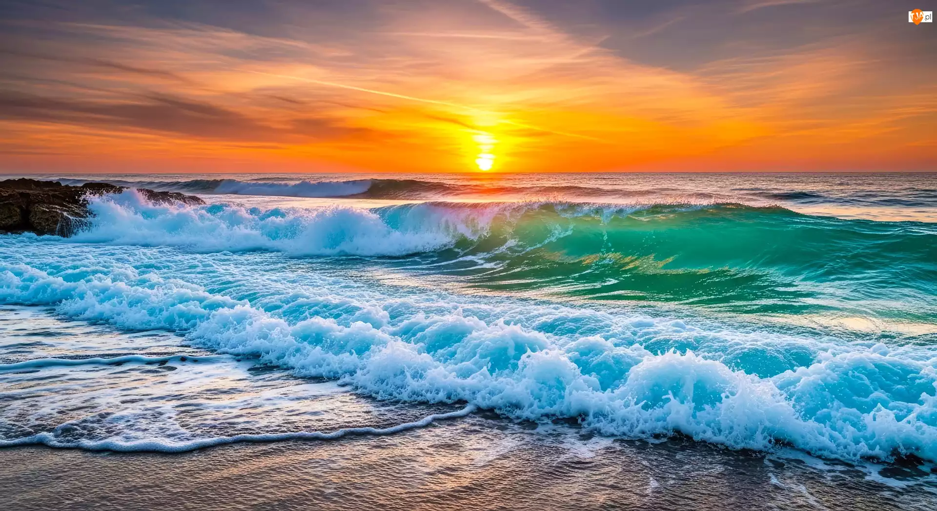 Grafika AI, Fale, Morze, Zachód słońca