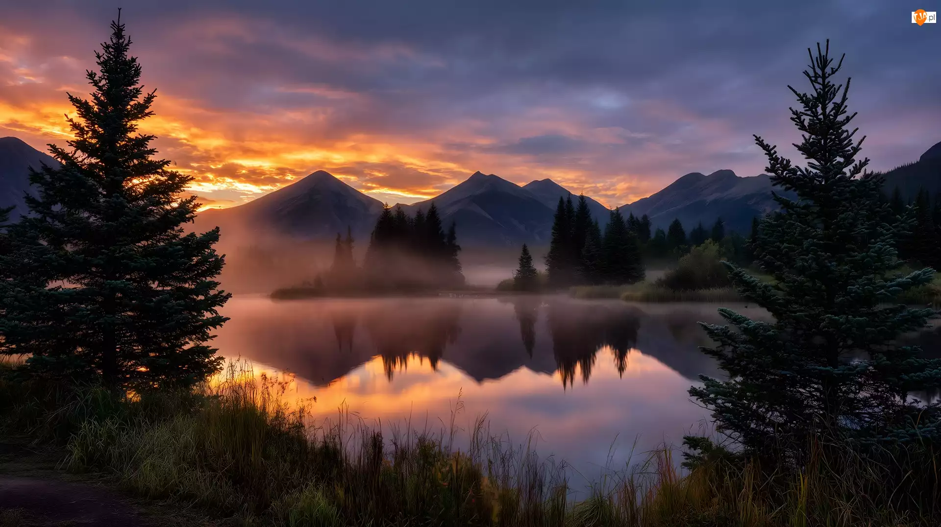 Góry, Grafika AI, Jezioro, Drzewa, Zachód słońca
