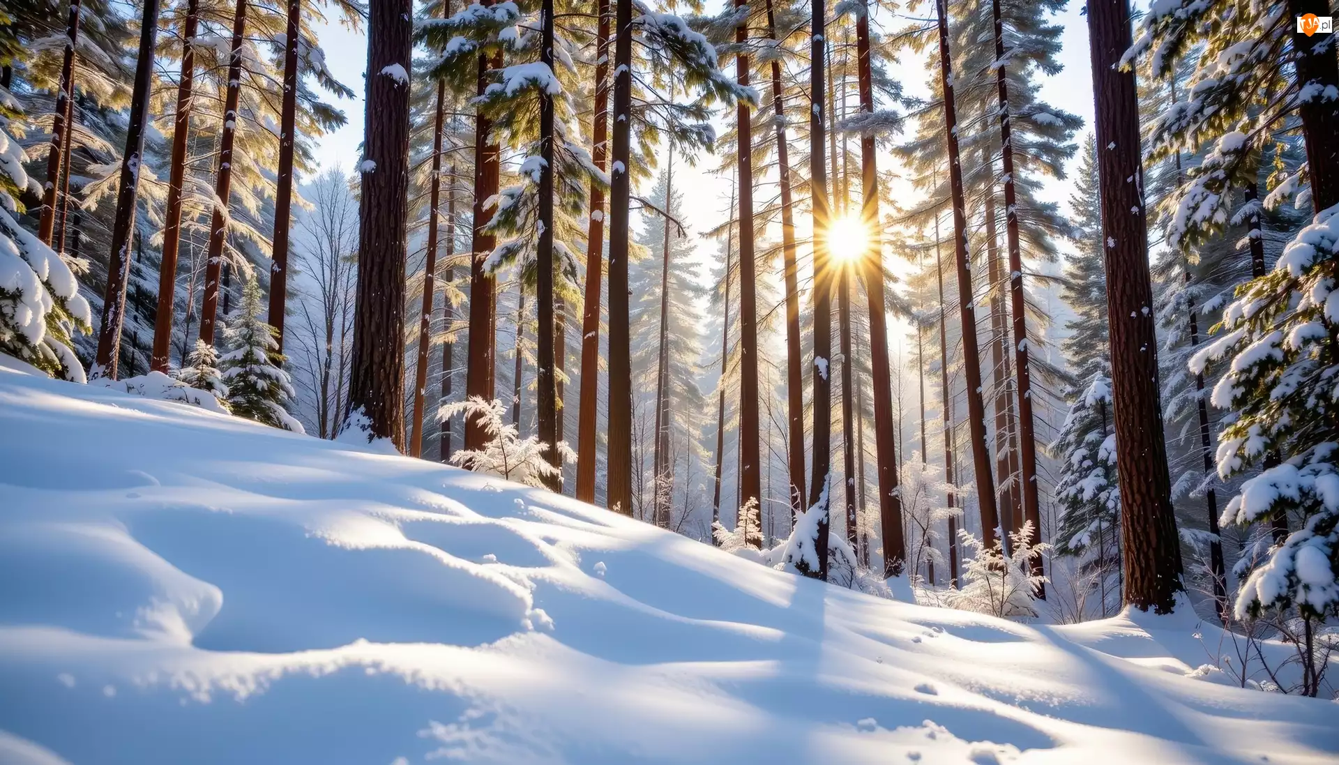 Zbocze, Zima, Las, Grafika AI, Drzewa, Słońce