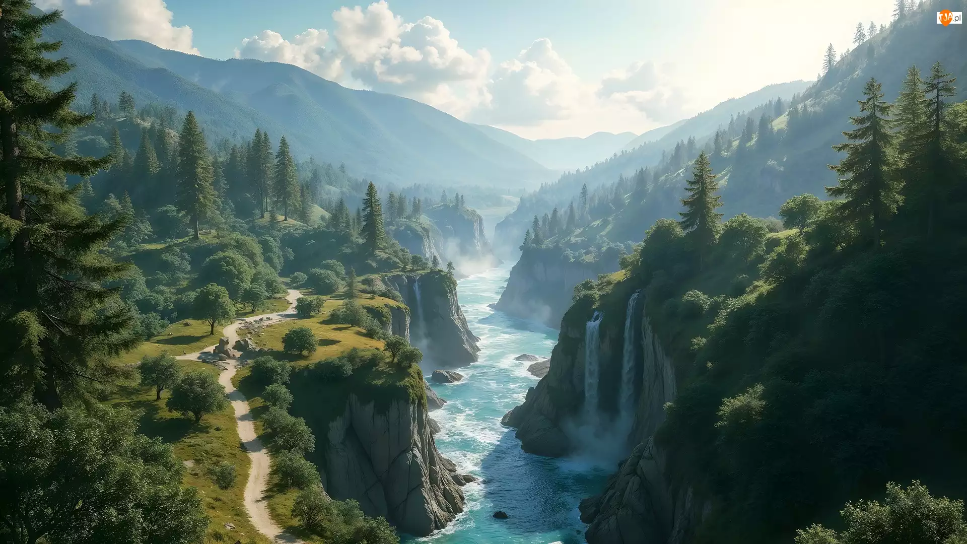 Drzewa, Góry, Skały, Rzeka, Wodospady